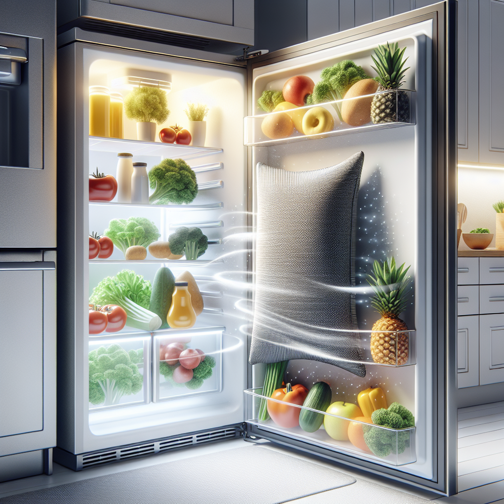 An aesthetic, minimalist scene featuring a sleek activated carbon odor absorber (e.g., a simple, fabric-covered block or a linen pouch) discreetly placed inside an open, tidy refrigerator. The refrigerator shelves hold various fresh, colorful foods like fruits, vegetables, and herbs. Subtle, almost imperceptible visual cues, such as faint glowing lines or soft-focus distortions around the carbon, suggest the neutralization of odors and the spread of clean air. The overall image conveys natural freshness and effective odor elimination within a modern kitchen setting. Bright, inviting studio lighting.