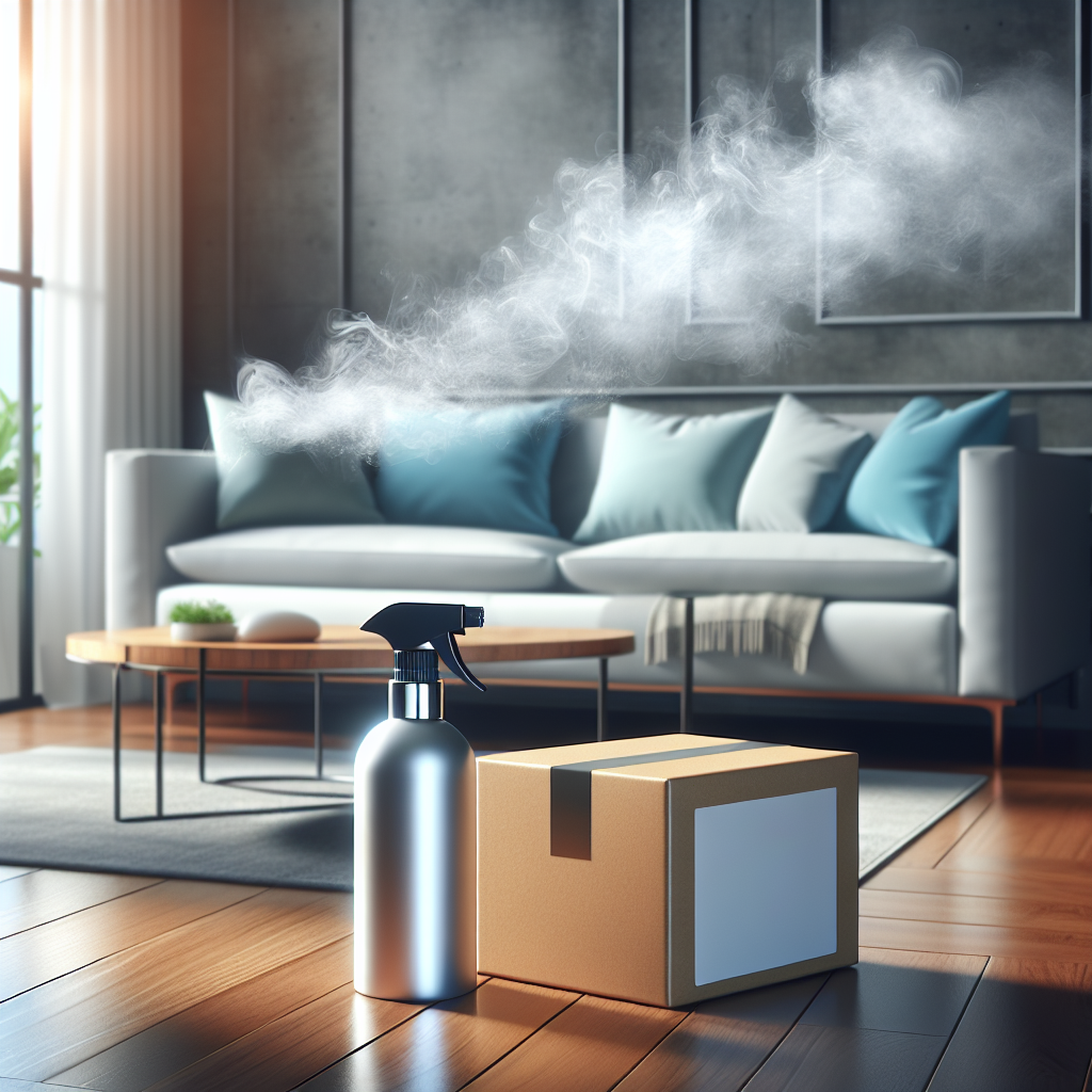 A modern, bright living room. A sleek odor remover spray is being used, a visible cloud of freshness dissipating a faint, dark, wispy cloud representing an unpleasant smell from a sofa. A small, brown Amazon package is visible on a coffee table. Clean, realistic style.