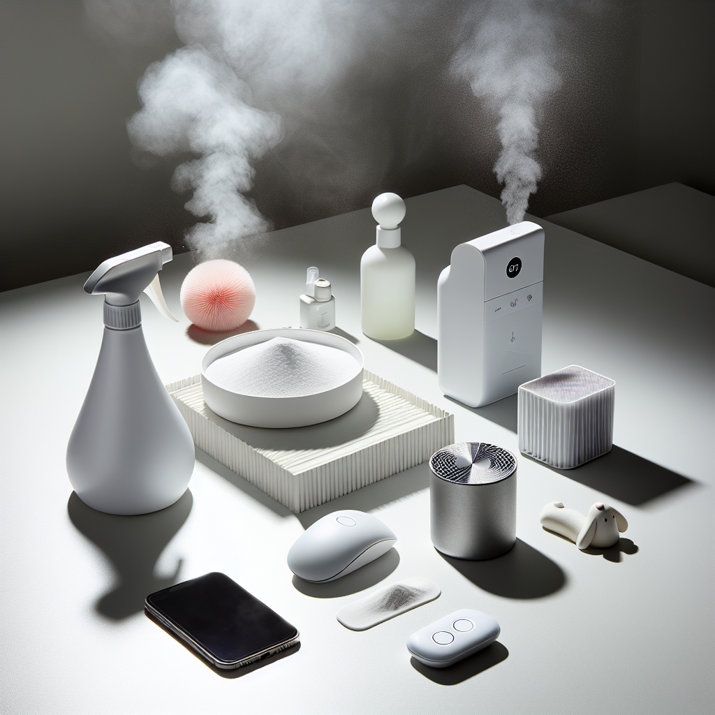 A stylish flat lay showcasing various odor removal products: a spray bottle, a container of white powder, a minimalist gel air freshener, and a compact electronic device. Arranged on a clean surface, with subtle, blurred background elements suggesting common odor sources like a pet toy, cooking steam, and a faint wisp of smoke. Clean, bright, studio lighting.