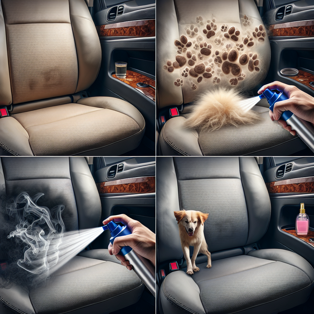 A car interior, visually representing sources of bad odors: a slightly stained seat from a spilled drink, a few dog hairs on the upholstery, and a subtle, dark wisp of stylized smoke lingering near the dashboard. In the foreground, a hand is actively spraying a generic car odor remover into the air. The image should convey a sense of transition from stale to fresh, with soft lighting and a realistic photo style.