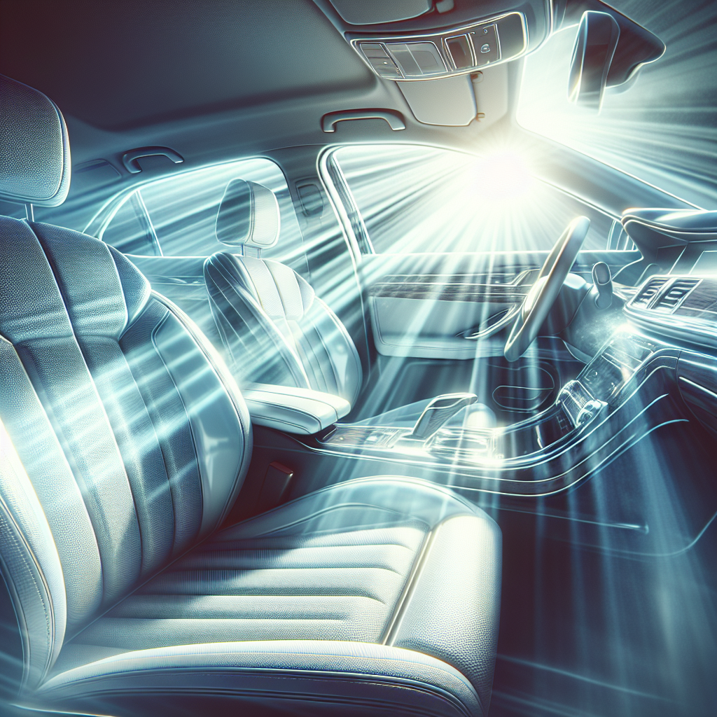 A pristine and inviting car interior, bathed in bright, clean natural light. The seats are spotless, surfaces gleam, and the air is visibly clear and fresh, perhaps with subtle, elegant light rays or a gentle, ethereal glow suggesting a newly purified atmosphere. The overall mood is serene and comfortable, emphasizing freshness and cleanliness. Realistic photo style with high detail.