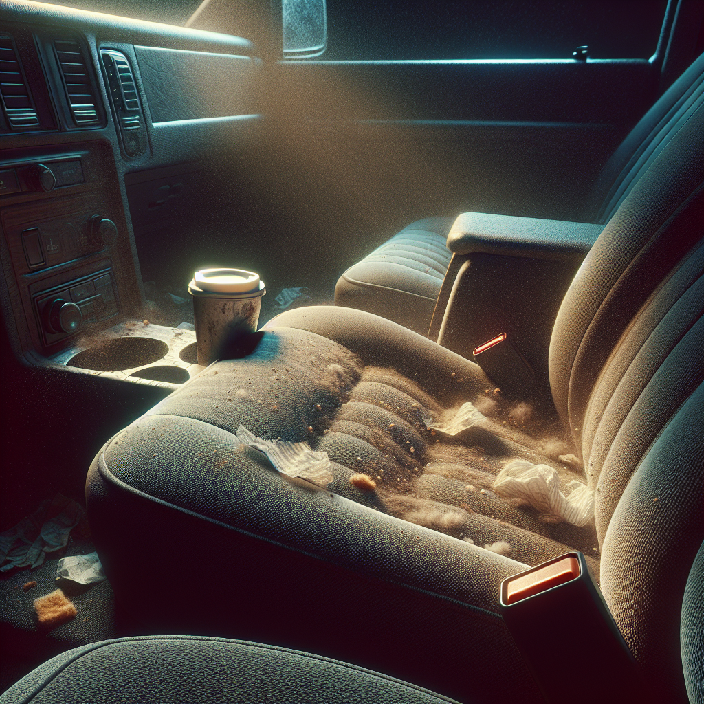 A slightly cluttered and dim car interior, with visible crumbs on the upholstery, an old coffee cup, and a subtle, almost palpable visual haze implying a stale, unpleasant odor. The focus is on showing the origin of bad smells. Realistic photography, high detail.