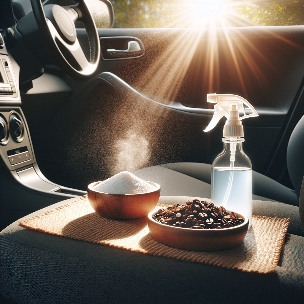 A bright, clean car interior with sunlight streaming through the window. On the car seats or floor mats, subtly arranged, are a small open container of baking soda, a small bowl with fresh coffee grounds, and a spray bottle filled with a vinegar solution. The scene should convey natural freshness and effective home remedies for odor removal.