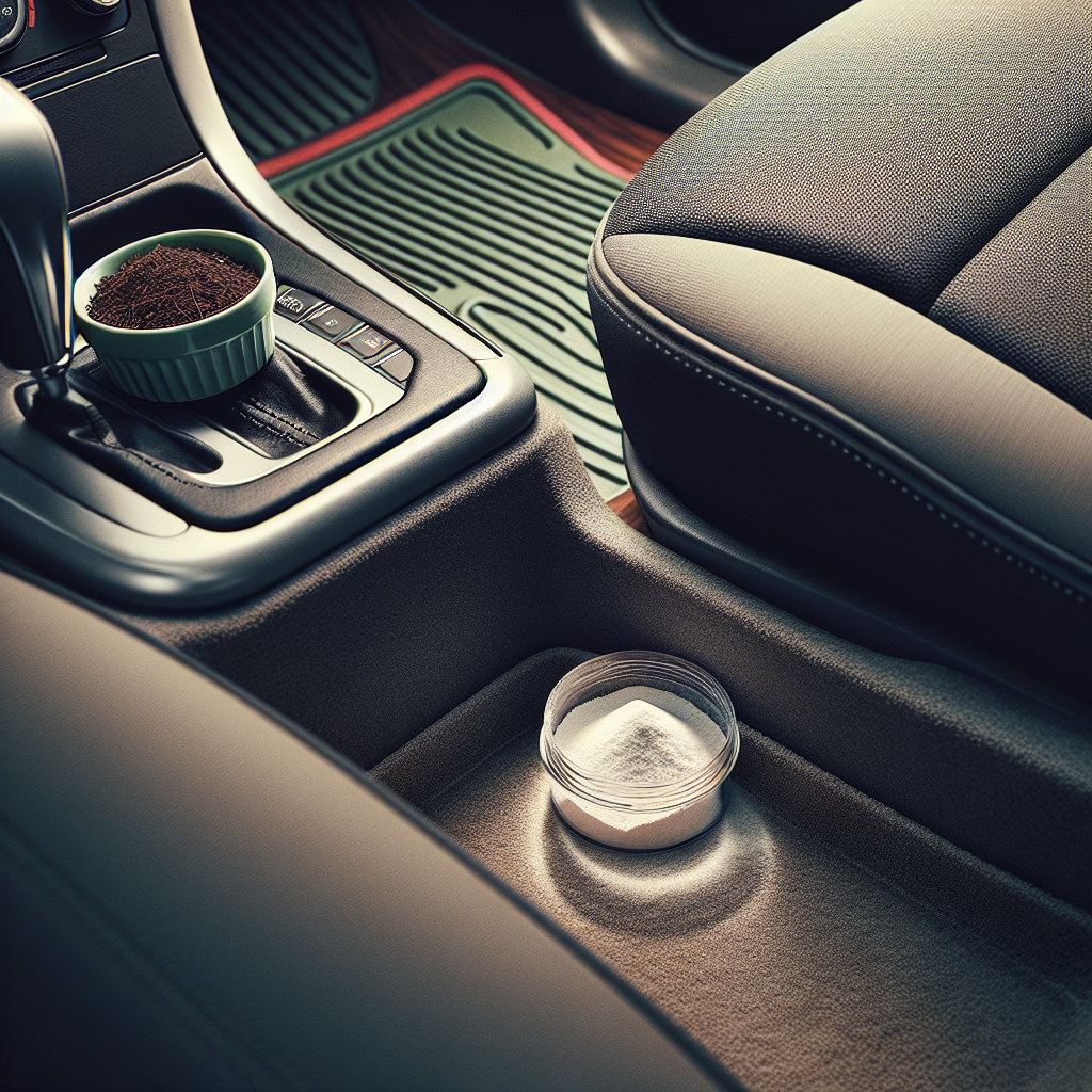 A close-up shot inside a car, focusing on the passenger seat and floor area. On the floor mat, a small, open container of baking soda is visible, and on the seat, a small dish of fresh coffee grounds. The car interior appears well-maintained and clean, with a subtle emphasis on natural, simple solutions for unpleasant odors.