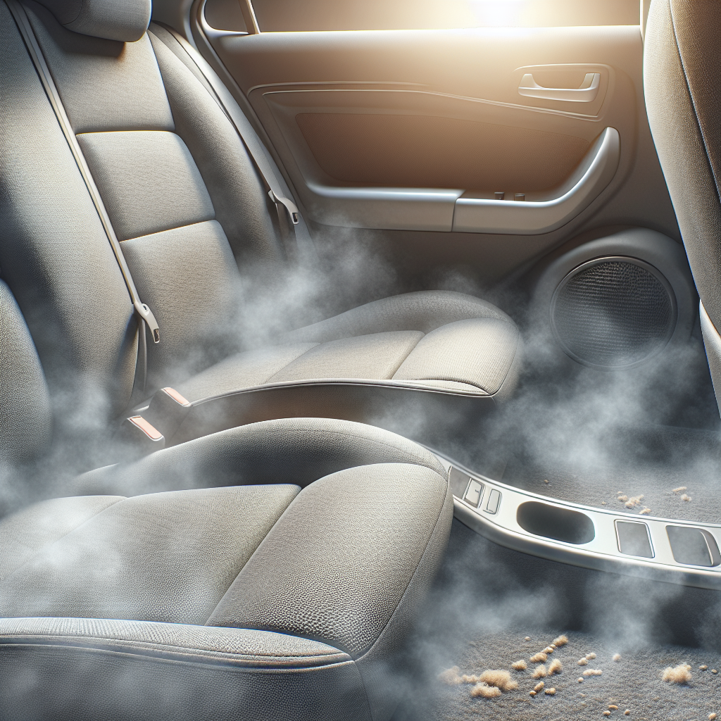 Realistisches Foto eines Auto-Innenraums, der sichtlich von unangenehmen Gerüchen geplagt ist. Ein leichter, diffuser, gelblicher oder grauer Dunst schwebt über den Sitzen und dem Teppich, der eine abgestandene Luft visualisiert. Man sieht leichte Flecken auf den Polstern und vielleicht ein paar Krümel oder Tierhaare, die ein Gefühl von Vernachlässigung vermitteln. Die Atmosphäre ist düster und ungemütlich.