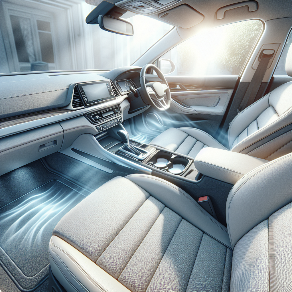 Realistisches Foto eines makellos sauberen und frischen Auto-Innenraums, durchflutet von hellem, natürlichem Licht. Die Sitze, das Armaturenbrett und die Teppiche sind tadellos sauber und wirken wie neu. Ein subtiler, transparenter Hauch oder leichte, frische Luftströme sind symbolisch sichtbar, um einen angenehmen, sauberen Duft und eine frische Atmosphäre darzustellen. Das gesamte Interieur wirkt einladend und luftig.