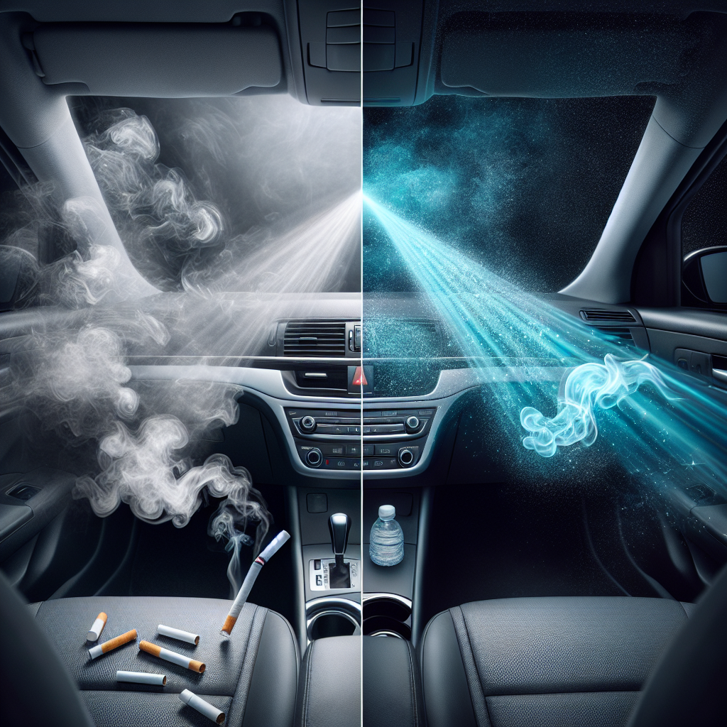 A dynamic close-up inside a car interior, showing a subtle but visible transformation. On one side, faint wisps of cigarette smoke or a ghostly outline of a spill are present, representing unpleasant odors. On the other side, or actively dissolving these elements, an invisible, ethereal blue-white energy wave (representing ozone) is purifying the air, making it crystal clear and fresh. The car interior should be realistic and slightly moody on the 'before' side, becoming bright and clean on the 'after' side.
