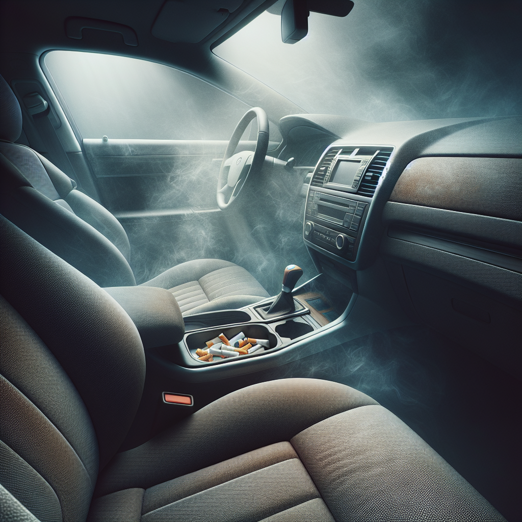 A close-up shot inside a car, looking towards the dashboard and front seats. The air has a subtle, murky haze, visually representing stale cigarette smoke. Fabric seats show slight discoloration, hinting at ingrained odors. A detail like a forgotten ashtray with a cigarette butt or scattered ash could be visible. Realistic, with a slightly somber or desaturated tone to emphasize the unpleasant smell.