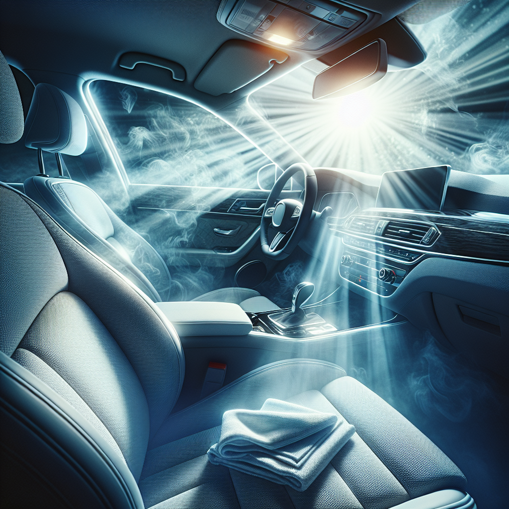 A pristine and inviting car interior bathed in bright, natural light, conveying a strong sense of freshness and cleanliness. The fabric seats are spotless, the dashboard gleaming, and the air appears clear and crisp. No visible smoke or odor. A subtle hint of success, perhaps a clean microfiber cloth folded neatly on a seat. Realistic, vibrant, and airy.
