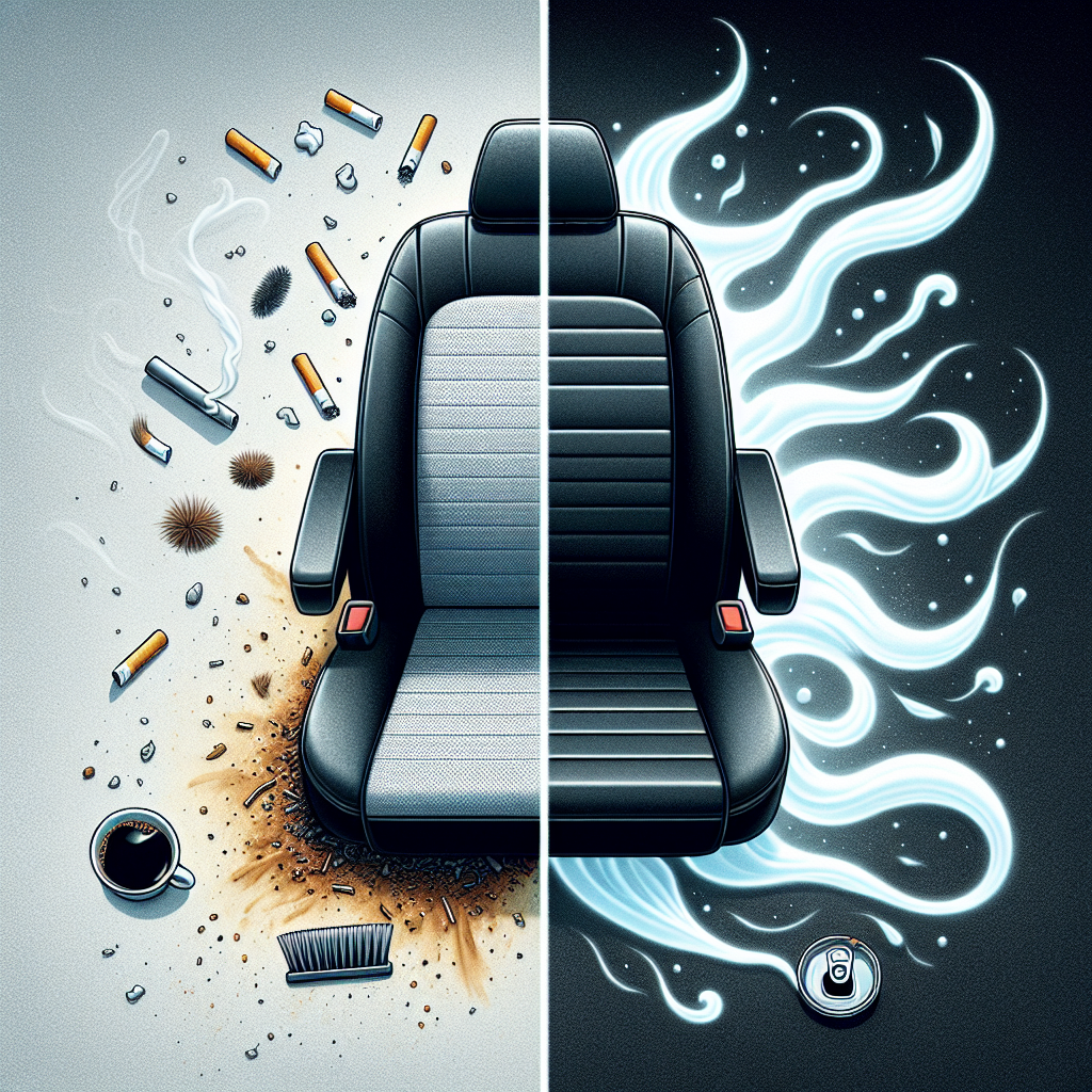 A cinematic, high-resolution image showing the interior of a modern car. On one side, subtle visual cues of unpleasant odors like faint cigarette smoke swirling, a few pet hairs, and a spilled coffee stain on the seat. On the other side, the same interior is pristine, sparkling clean, with abstract wisps of fresh air and light, symbolizing odor removal and freshness. The image should convey a strong 'before and after' contrast of a smelly car versus a fresh one, without being overly dramatic. Focus on realism and clean aesthetics.