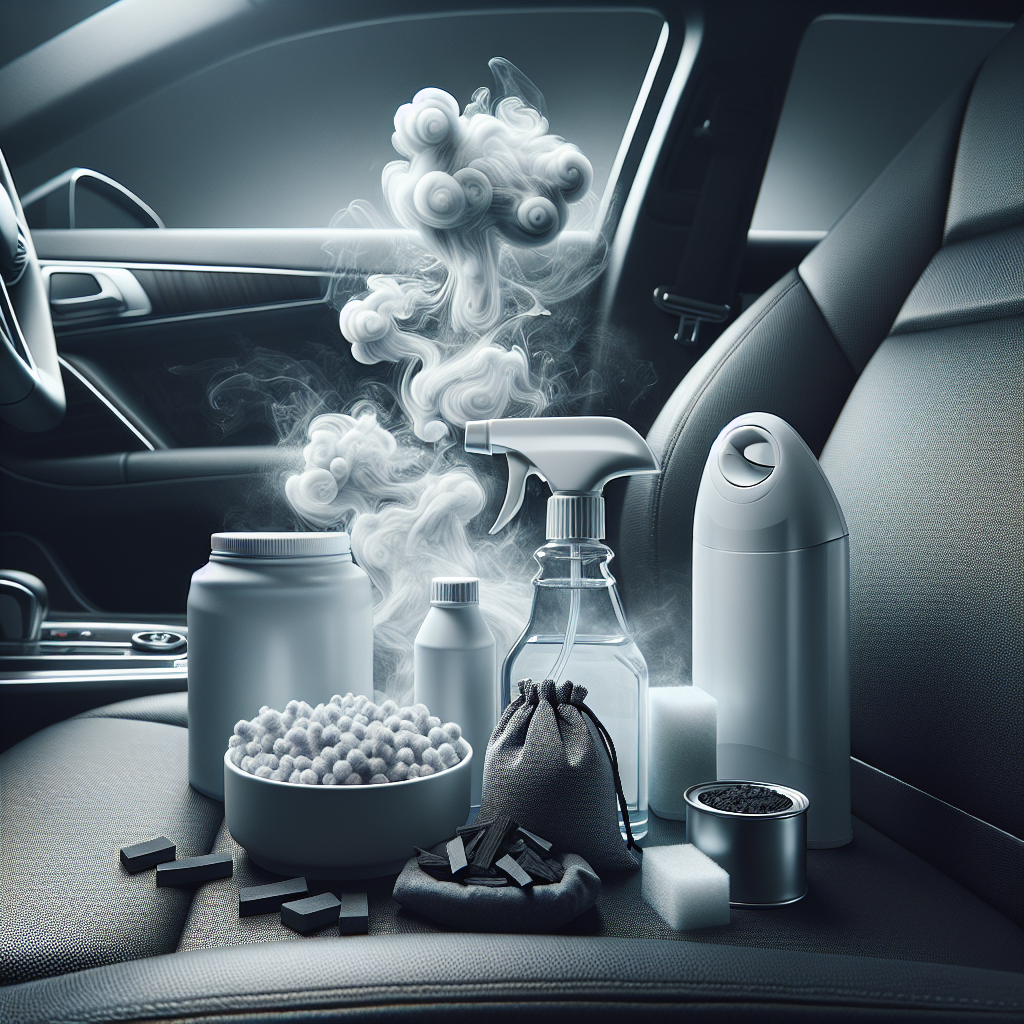 A clean, well-lit studio shot of various car odor removal products neatly arranged inside a modern car interior. Include a spray bottle of odor remover, a canister of foam cleaner, and a small activated carbon pouch. The products are positioned on a clean car seat or dashboard, with a subtle, abstract representation of unpleasant odors (like grey misty tendrils) dissipating away from them, indicating their effectiveness. The overall mood should be professional, practical, and effective.