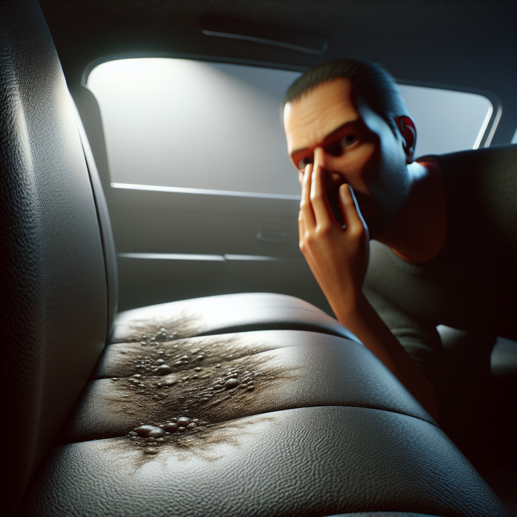 A close-up of a car seat in a car interior, looking slightly dingy or stained. A person in the background is subtly holding their nose, indicating an unpleasant odor. Realistic lighting, conveying a stale atmosphere. Photorealistic, high detail.