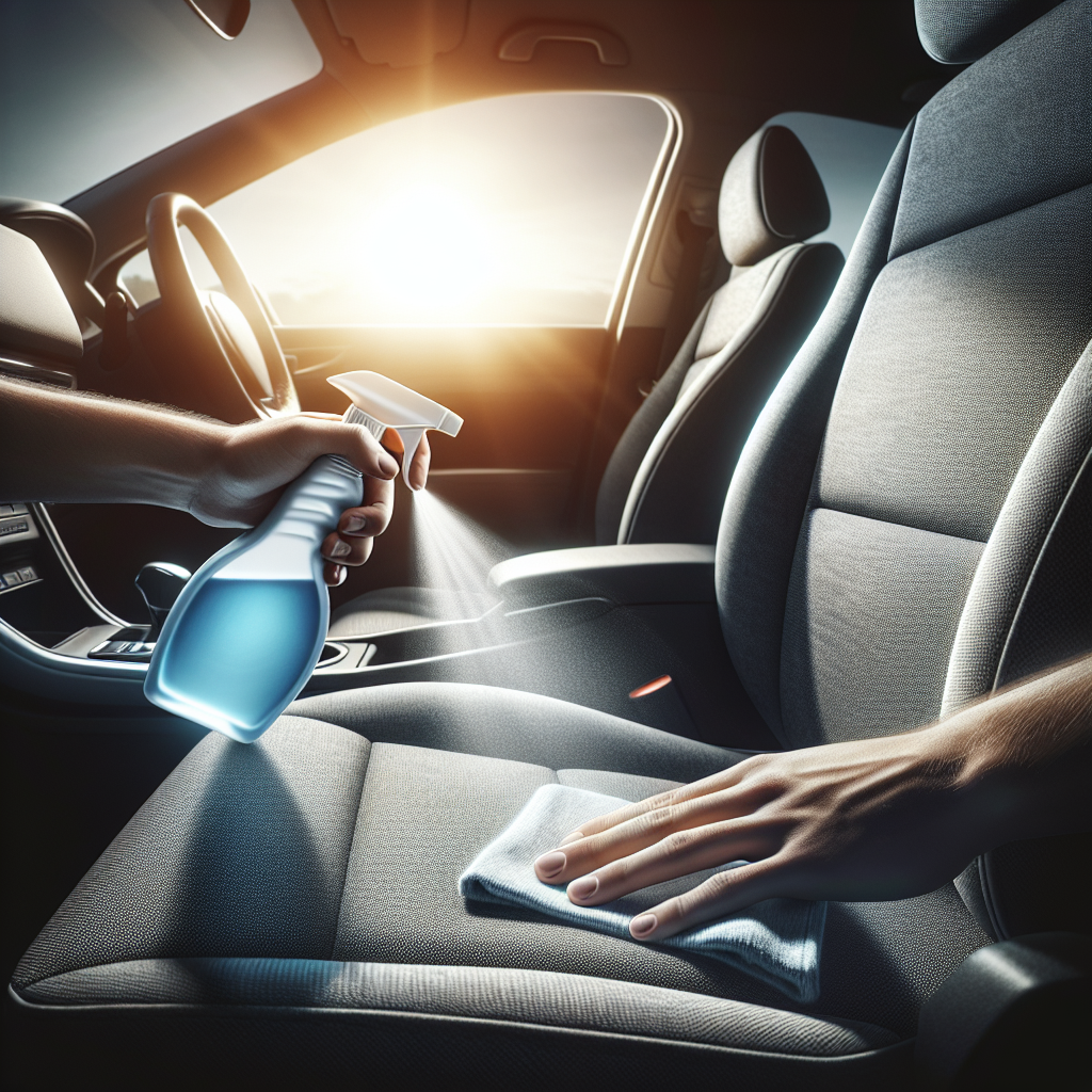 A pristine, spotless fabric car seat in a brightly lit car interior. The scene conveys a strong sense of freshness and cleanliness. A hand holding a cleaning spray bottle is visible near the seat, implying an odor removal process. Photorealistic, inviting atmosphere, high detail.