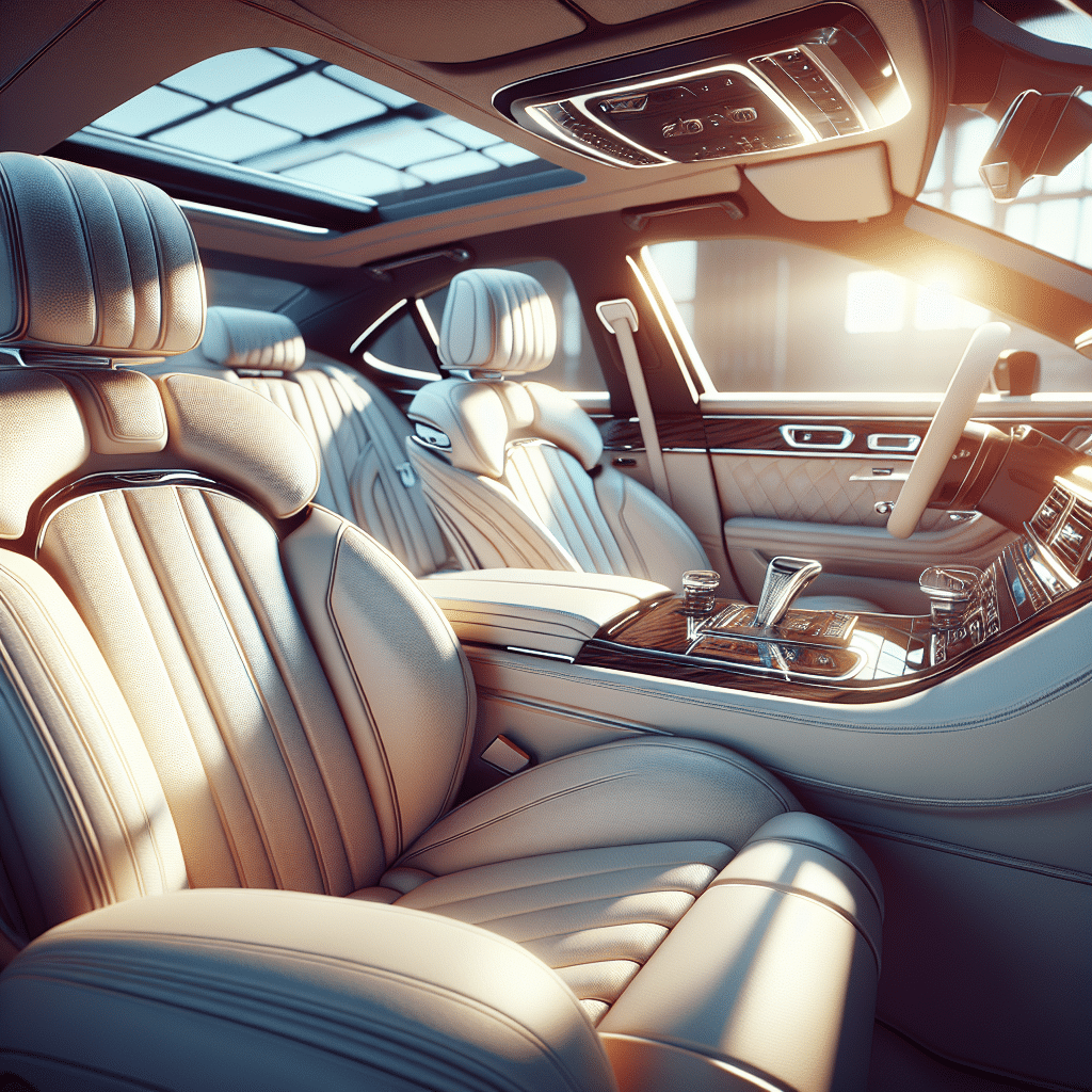 Photorealistic image of a sparkling clean and luxurious BMW car interior, bathed in soft, natural light, conveying a sense of pristine freshness and a pleasant, airy atmosphere. The leather seats and dashboard are immaculate, reflecting quality and newness. High detail, vibrant colors, premium feel.