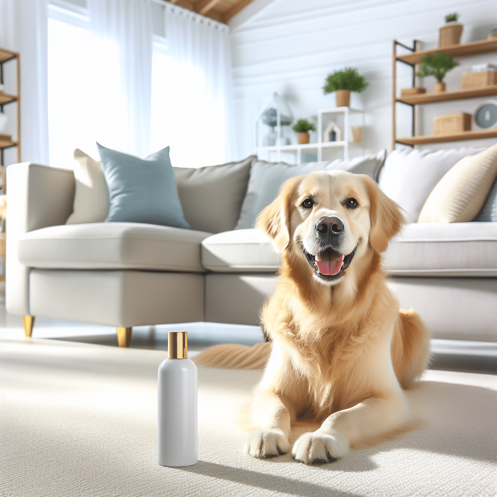 A cheerful and fluffy golden retriever dog happily lying on a spotless, light-colored carpet in a bright, modern living room. The room feels incredibly fresh and clean, with soft natural light streaming in. A stylish, branded bottle of 'Bactador' odor eliminator is subtly visible on a nearby surface, implying the source of this pristine environment. High-quality, realistic photograph with a warm, inviting atmosphere.