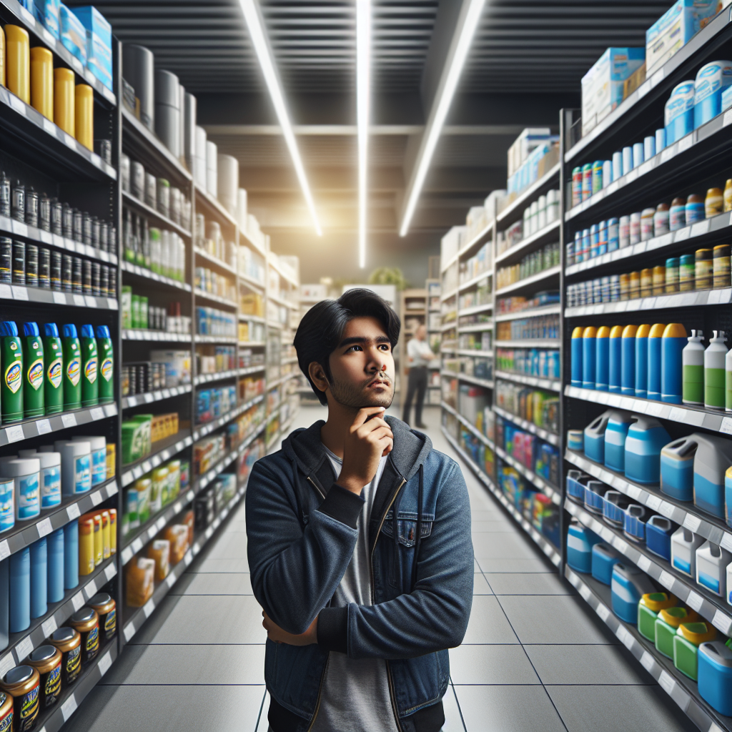Eine Person steht nachdenklich in einem gut sortierten Gang eines deutschen Baumarkts, umgeben von Regalen voller verschiedener Geruchsentferner-Produkte wie Sprays, Pulver und Gele. Helles Licht, realistischer Stil, Fokus auf die Auswahl der richtigen Lösung für Gerüche zu Hause.