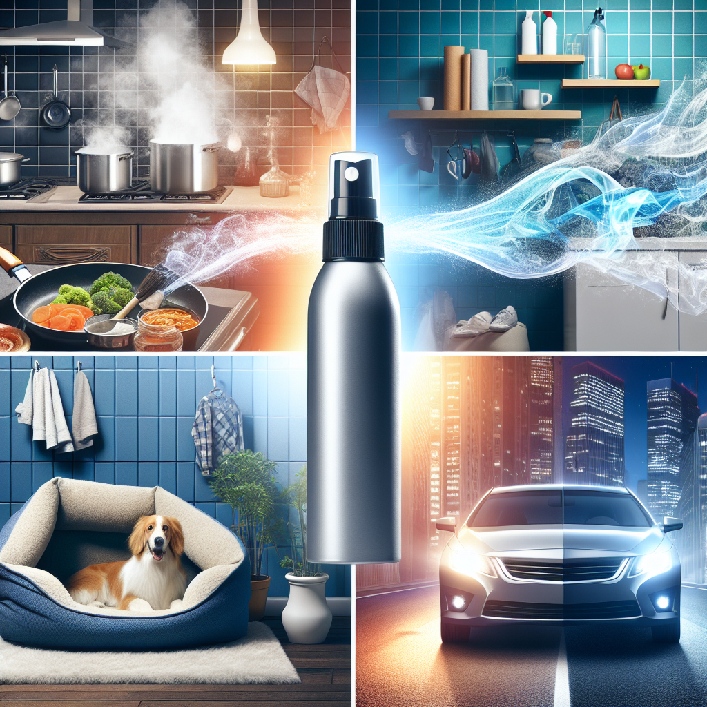 A vibrant, dynamic collage illustrating common household odor sources like a steamy kitchen with cooking fumes, a dog's bed, a car interior, and sweaty gym clothes, being visibly transformed into fresh, clean, and inviting spaces by a generic, sleek odor remover spray bottle emitting a wave of freshness. Modern, clean aesthetic, high detail, bright lighting.