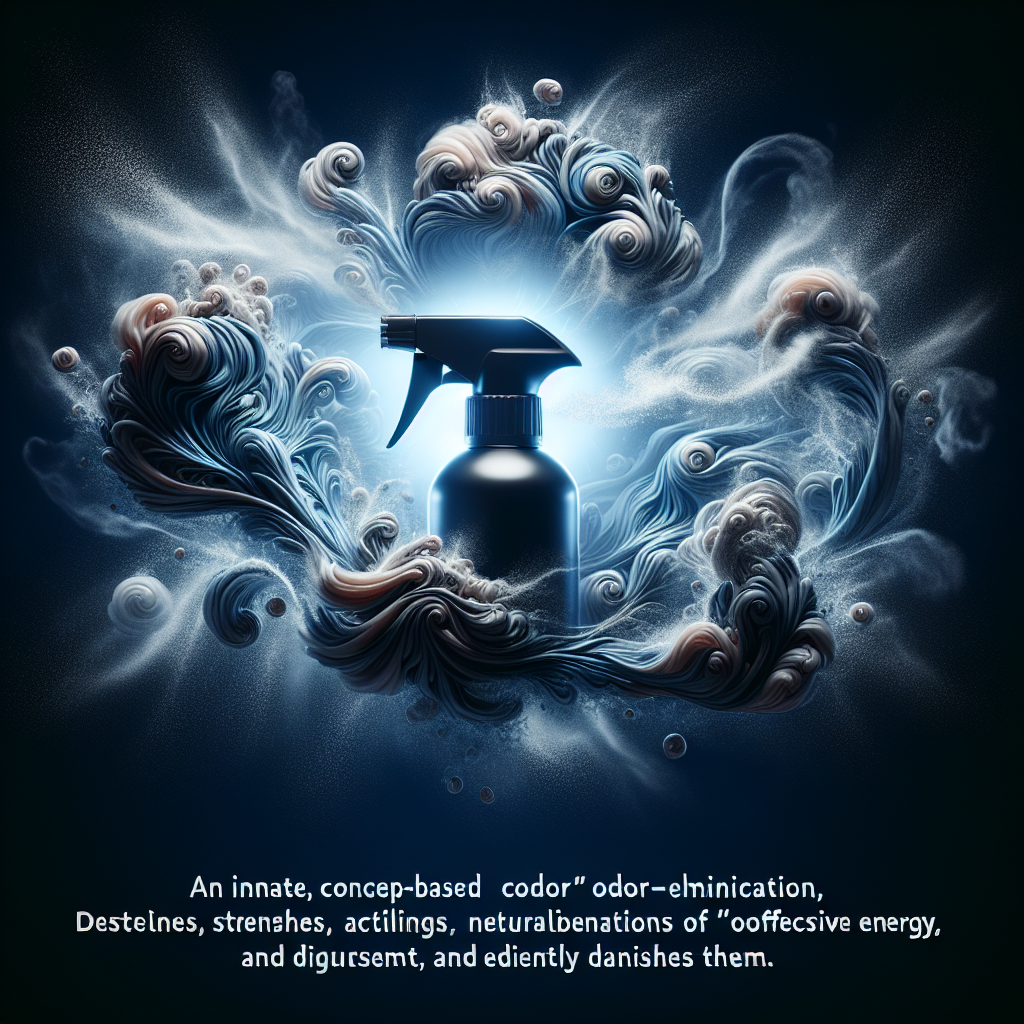 A close-up, conceptual image illustrating a fine mist from a generic odor remover spray bottle actively neutralizing abstract representations of unpleasant odor molecules in the air. The 'bad odors' are depicted as dark, swirling, unpleasant energy, while the 'freshness' is bright, clean, and clearly dissipates them. Focus on the scientific yet appealing visual of odor removal, emphasizing neutralization over masking, dynamic motion, high-tech, clean aesthetic.
