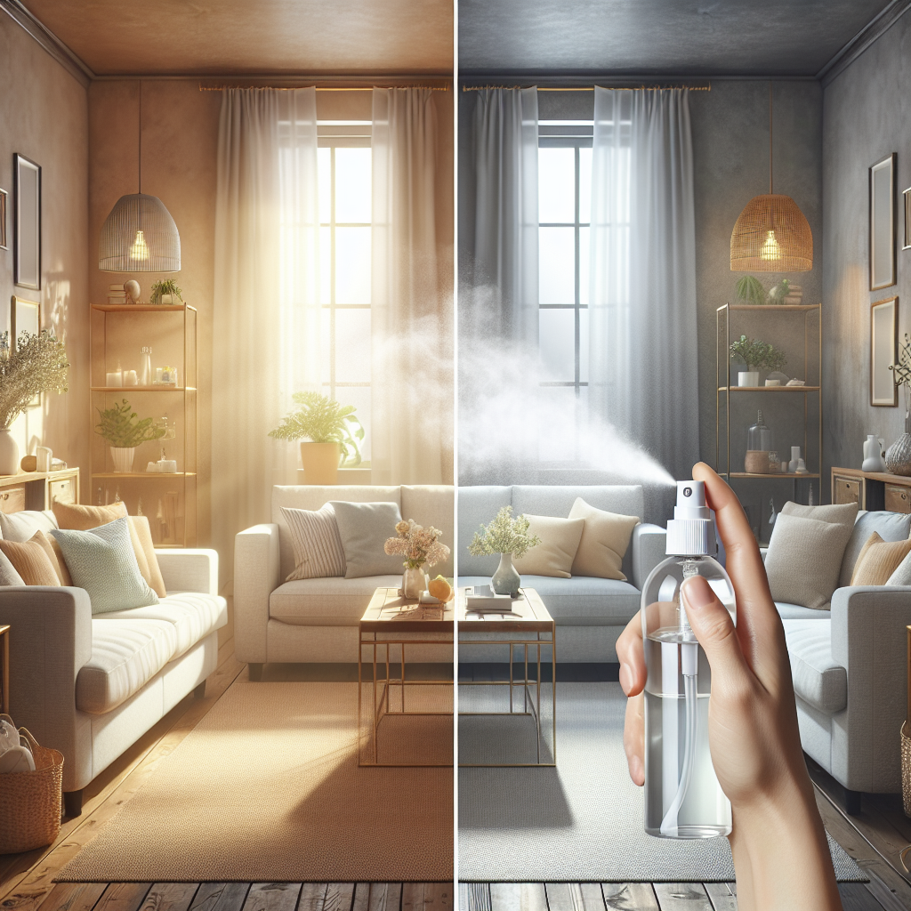 A split image depicting a 'before and after' of a room's atmosphere. On the left, a subtle, faint greyish haze hangs in the air of a cozy living room, hinting at an unpleasant odor. On the right, the same room is visibly fresh, bright, and clean, with sunbeams streaming in, as a hand holds a sleek, modern odor remover spray bottle, releasing a fine, luminous mist. The overall aesthetic is clean and contemporary, emphasizing transformation.