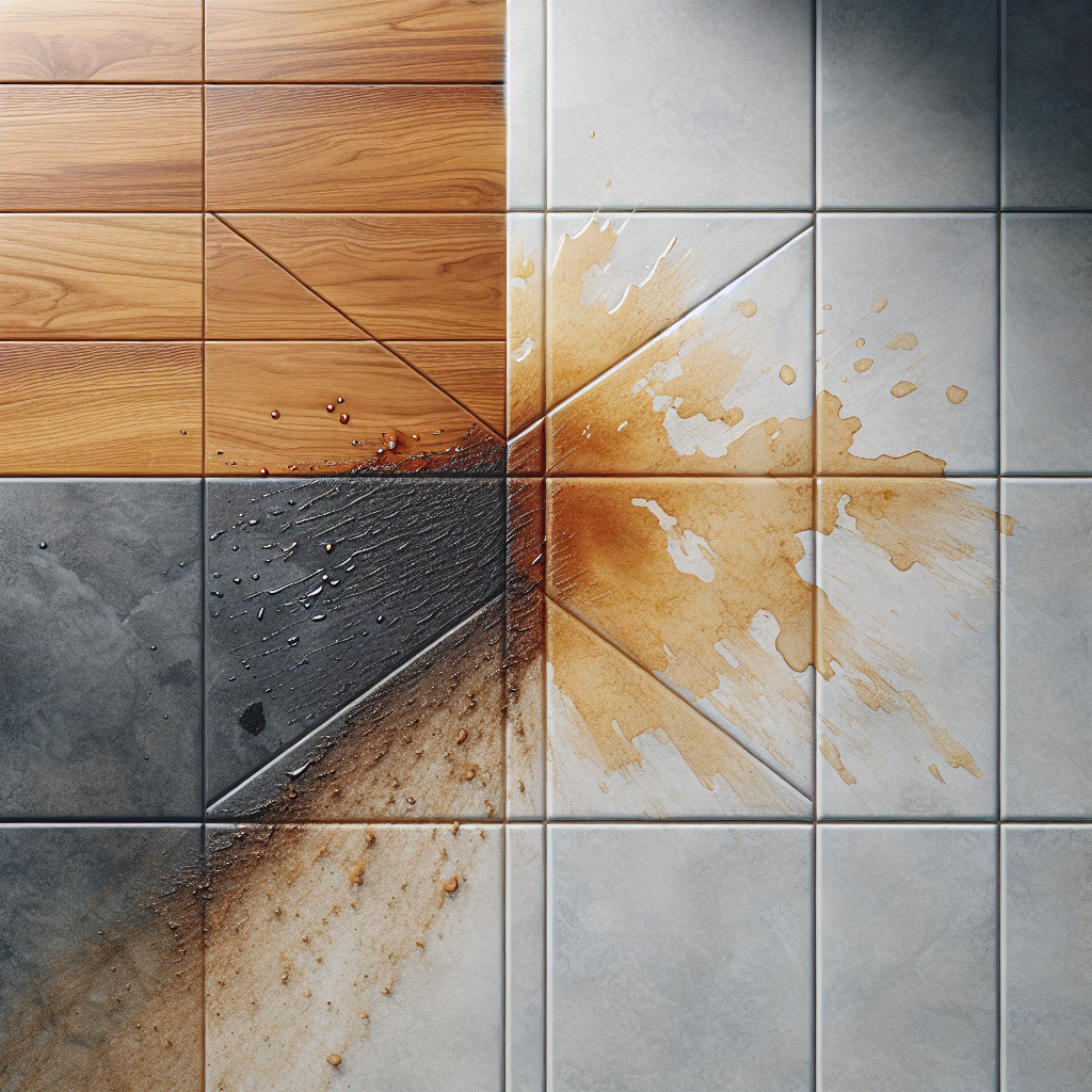 A realistic overhead view of a floor (half wood, half tile) in a home. In one corner, a subtle, dry pet stain on the wood. In another, a faint dark spot on the tile grout hinting at moisture. The room should feel slightly stale, conveying the presence of unseen odors. Soft, natural indoor lighting. High-detail photograph.