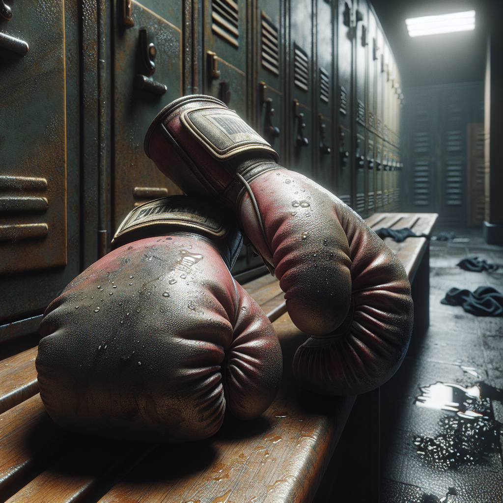 Close-up of well-worn, sweaty boxing gloves, appearing damp and a bit grimy, tossed in a dimly lit, slightly unkempt gym locker room. Subtle visual cues of unpleasant odor are present, creating a dark and unhygienic atmosphere. Realistic photo.