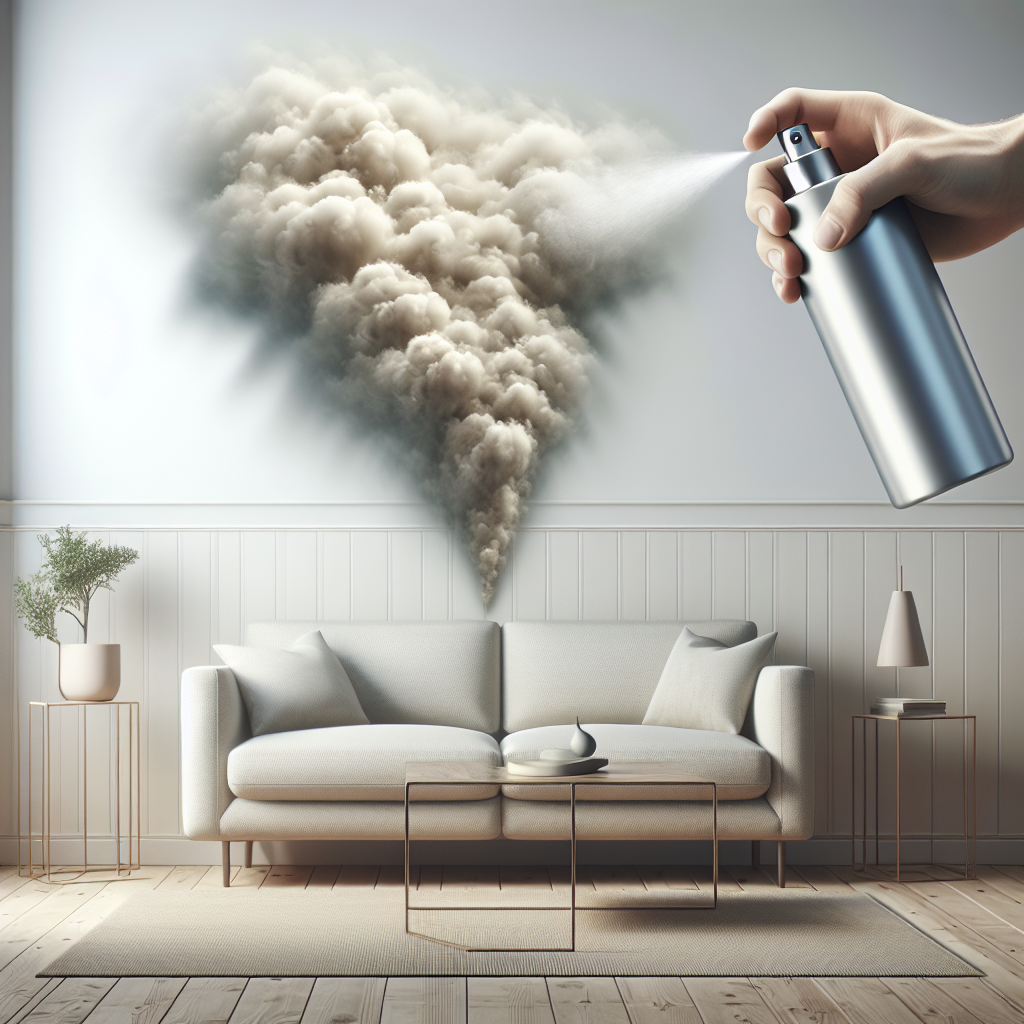 A bright, inviting modern living room or kitchen scene. On a light-colored sofa or counter, a barely visible, dissipating wispy grey cloud represents a fading unpleasant odor. A hand holds a sleek, minimalist spray bottle labeled 'Geruchsentferner' (Odor Remover) in German, aiming it towards the fading cloud, with a fresh, clear mist emanating. The scene emphasizes freshness, cleanliness, and comfort. Realistic photography, natural light, soft colors.