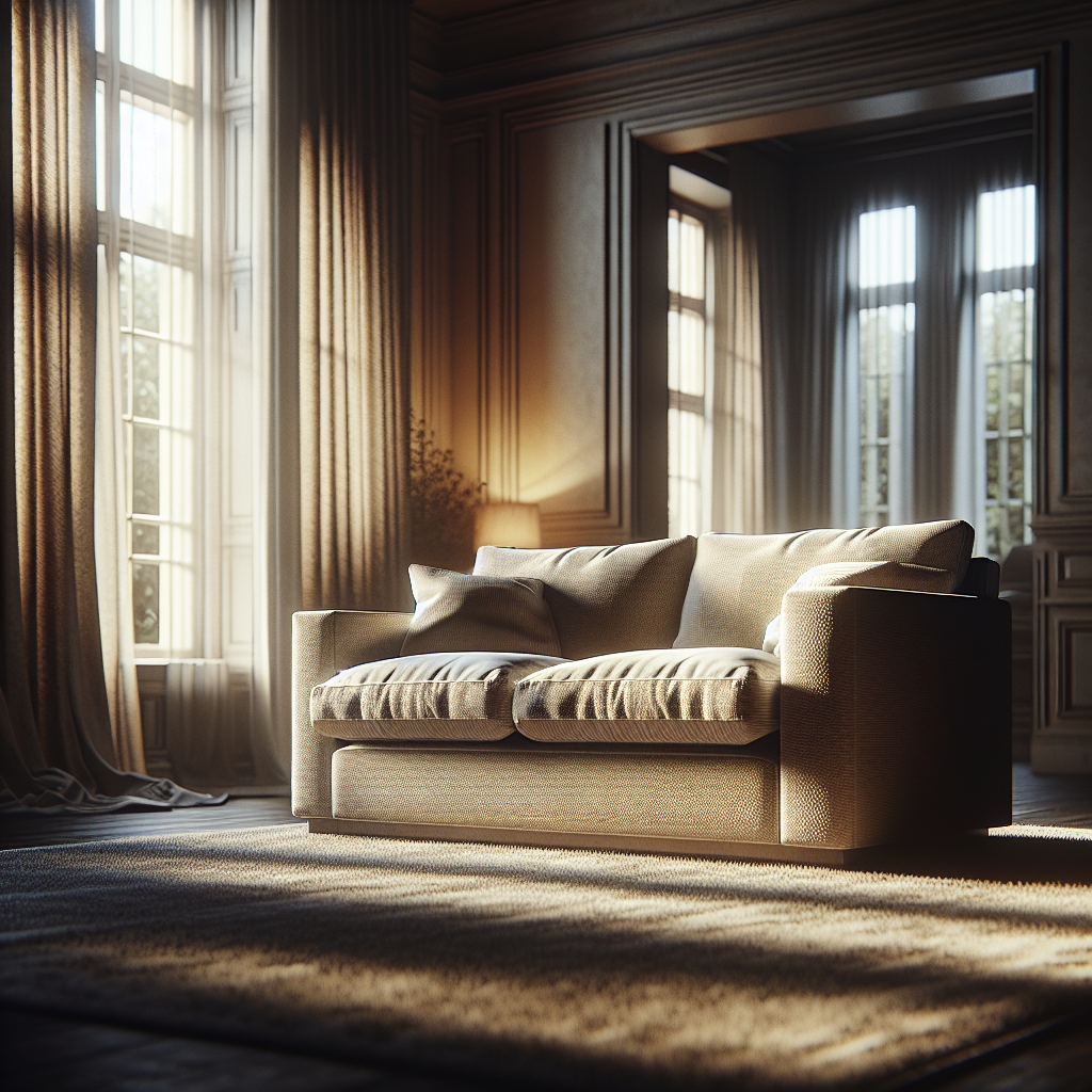 A slightly worn fabric couch in a living room, illuminated by dull, indirect light. There are subtle visual cues of stale air or faint odors, like a very slight desaturation or a hint of dust motes in the air, without being dirty. The overall impression is a lack of freshness. Realistic photo.