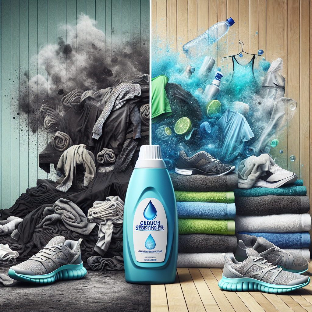 A vibrant, illustrative split image. On the left side, a crumpled pile of dark, damp sportswear and used towels, emanating subtle, unpleasant grey vapor trails. On the right side, a neat stack of bright, freshly laundered towels and athletic wear, sparkling with cleanliness and emitting a radiant, fresh glow. In the foreground, a modern, generic bottle labeled 'Geruchsentferner' (Odor Remover), bridging the transformation from stale to fresh. The overall feel is clean, bright, and emphasizes transformation.