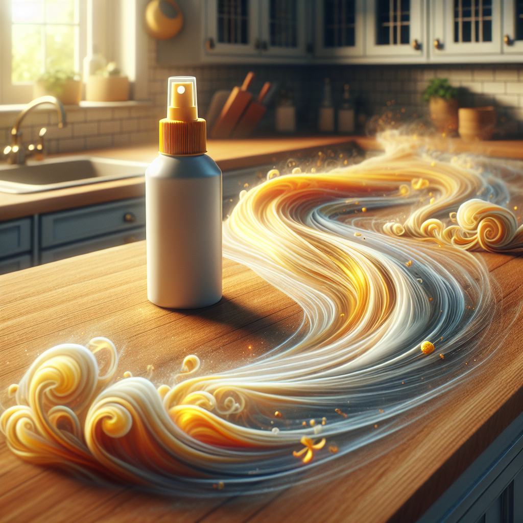 A close-up, highly detailed shot of a kitchen counter after cooking. There's a subtle haze of 'cooking odor' represented by swirling, warm-toned (e.g., yellow, orange) wisps. A bottle of 'Denkmit Geruchsentferner' (either spray or gel format) is placed prominently on the counter. From the bottle, an invisible, clean force is visibly neutralizing the odor wisps, causing them to shrink and vanish, leaving behind an impression of sparkling cleanliness and fresh air. Focus on the transformation from a subtle, unwanted smell to a crisp, clean environment. Photorealistic, bright and clean aesthetic.