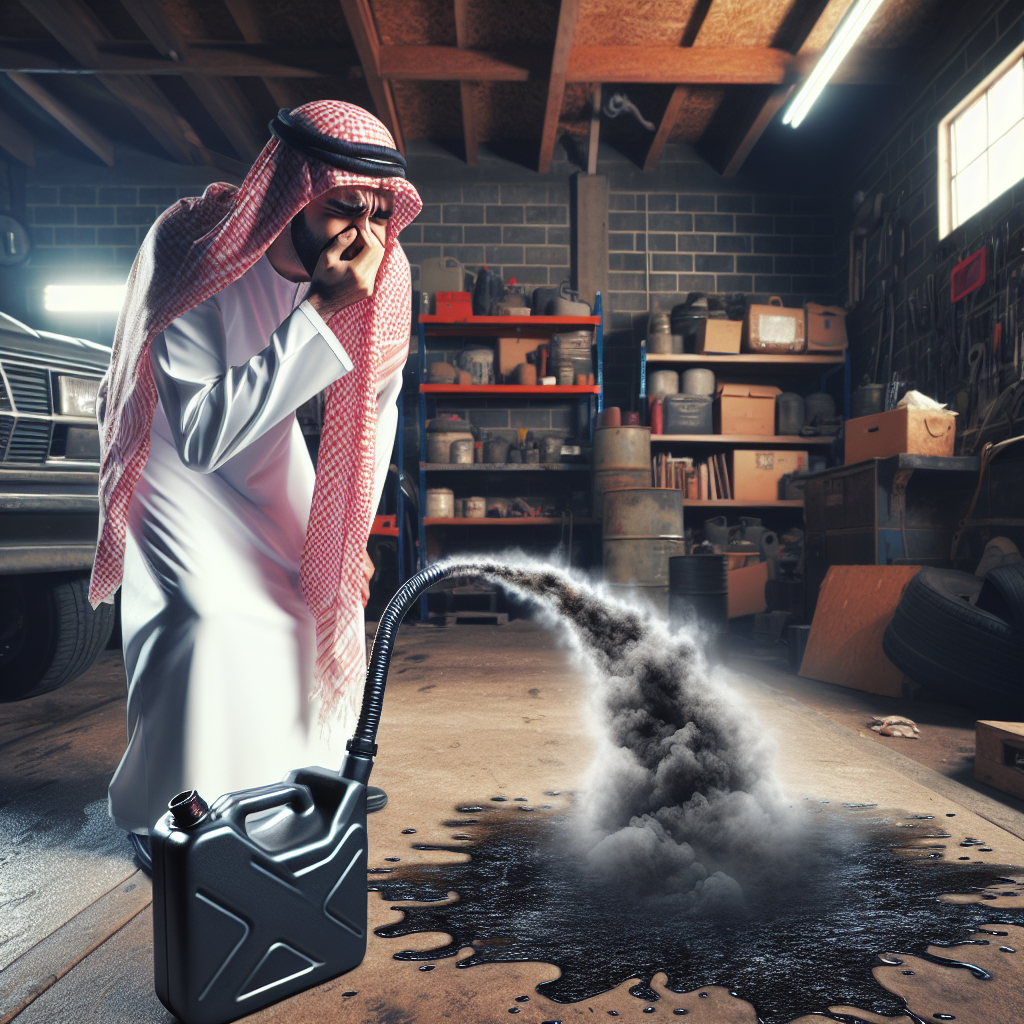 An exasperated person covering their nose, standing in a garage with a faint, visually represented wave of unpleasant diesel fumes emanating from a spilled diesel puddle on the floor. The scene conveys a strong, persistent bad odor. Cinematic, realistic style.