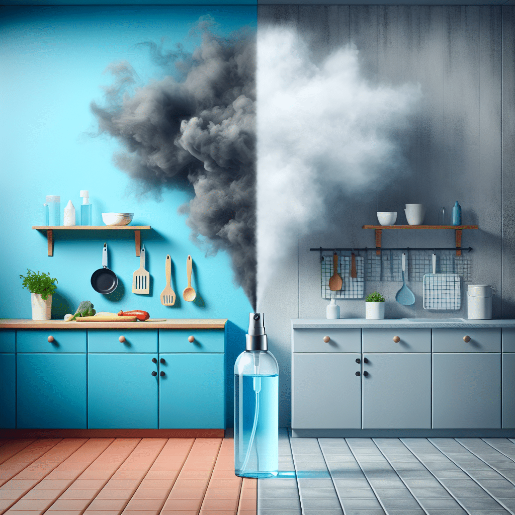 A bright, clean kitchen, subtly divided into two halves. On the left, a faint, wispy grey cloud symbolizes unpleasant cooking odors. On the right, a gentle, light blue mist is diffusing, representing a fresh, clean scent. In the foreground, a sleek, generic odor eliminator spray bottle stands prominently, suggesting its role in the transformation. The image conveys a sense of relief and renewed freshness.