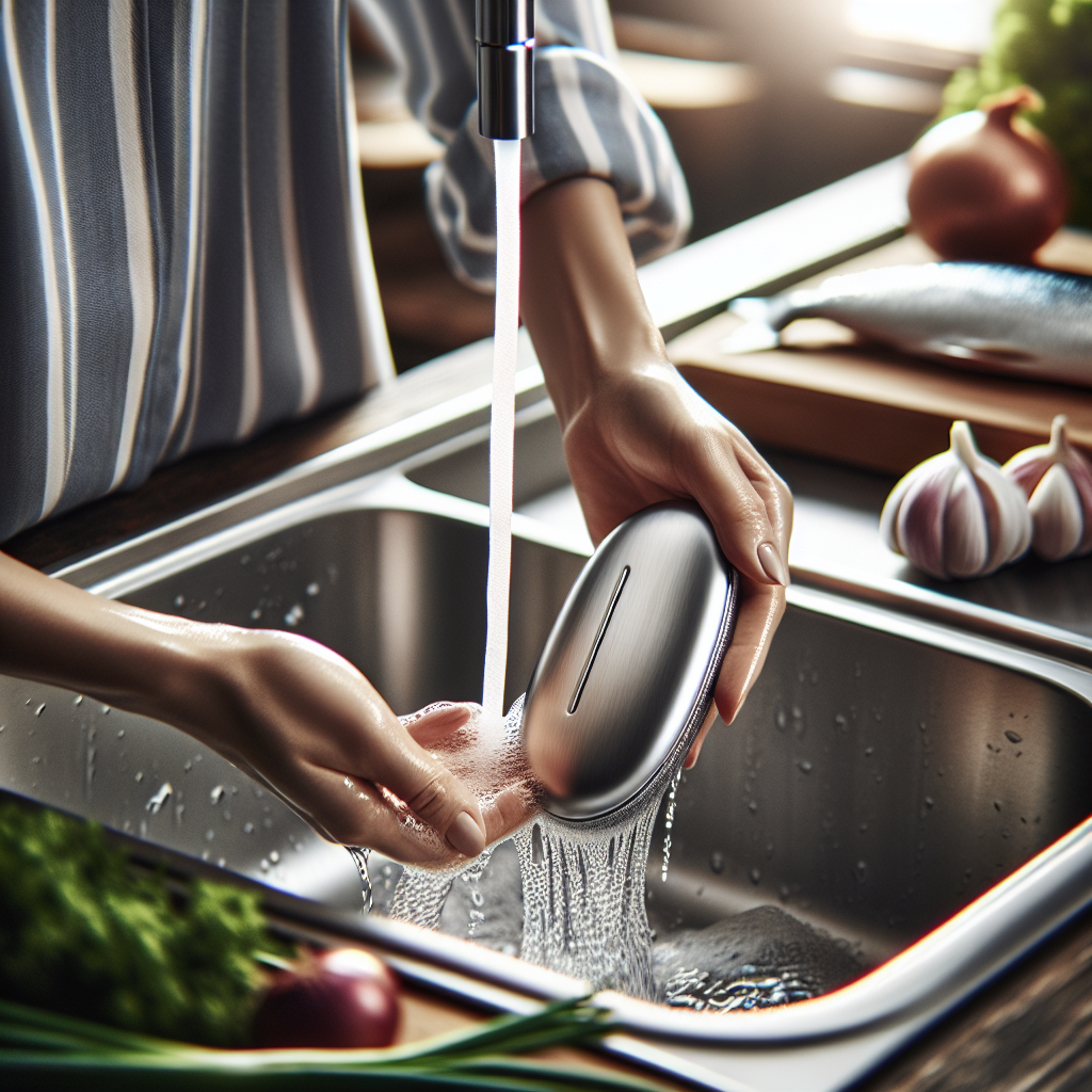 Close-up of hands rubbing a sleek, oval-shaped stainless steel odor remover under a stream of running water in a modern kitchen sink. In the blurred background, there are subtle hints of chopped onions, garlic cloves, and a fish fillet. Bright, fresh kitchen lighting.
