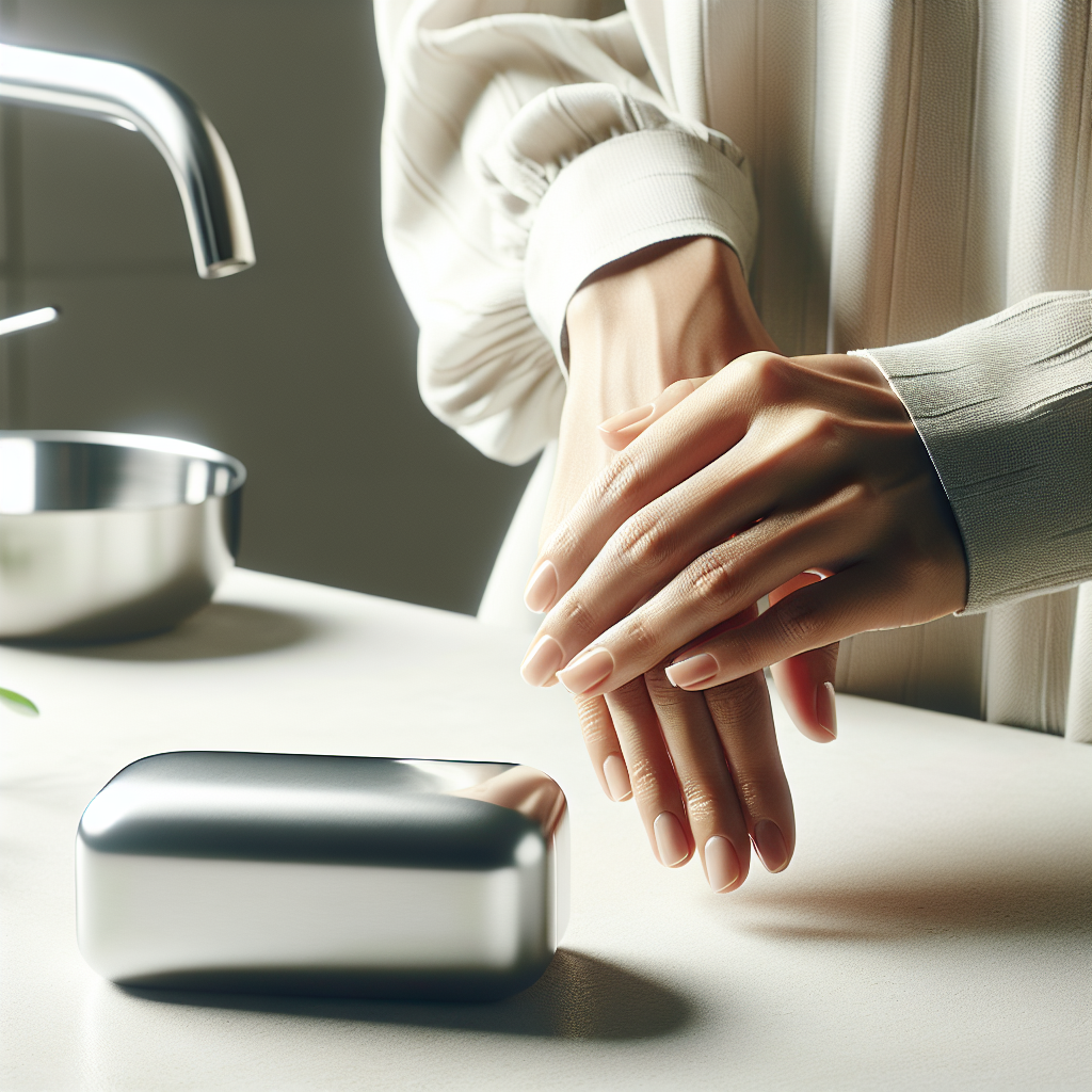 Minimalist still life shot of a shiny, soap-bar shaped stainless steel odor remover resting on a clean, light-colored kitchen countertop. Next to it, a pair of pristine, fresh hands are visible, conveying a sense of cleanliness and purity. Modern, hygienic aesthetic with soft, natural light.
