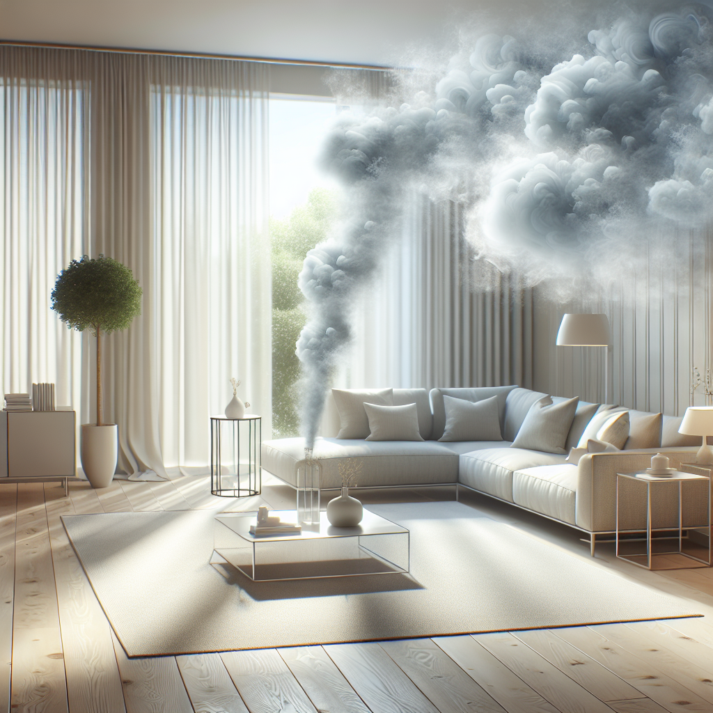 A serene, clean, and modern living room filled with bright, fresh air. Subtle, dark, wispy clouds representing unpleasant odors are visibly dissipating and dissolving into the crisp, clear atmosphere, leaving behind a sense of peace and cleanliness. Soft, natural light streams in. Photorealistic, high detail.