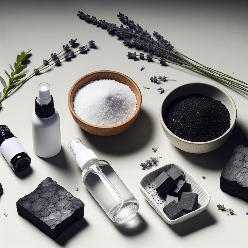 An aesthetically pleasing flat lay composition featuring various odor removal methods: a sleek spray bottle labeled 'Odor Remover', a small bowl of baking soda, pieces of activated charcoal, and a sprig of fresh lavender. A gentle, shimmering aura of freshness emanates from these items, symbolizing their effectiveness against unseen odors. Clean, minimalist background. Studio lighting, high detail.