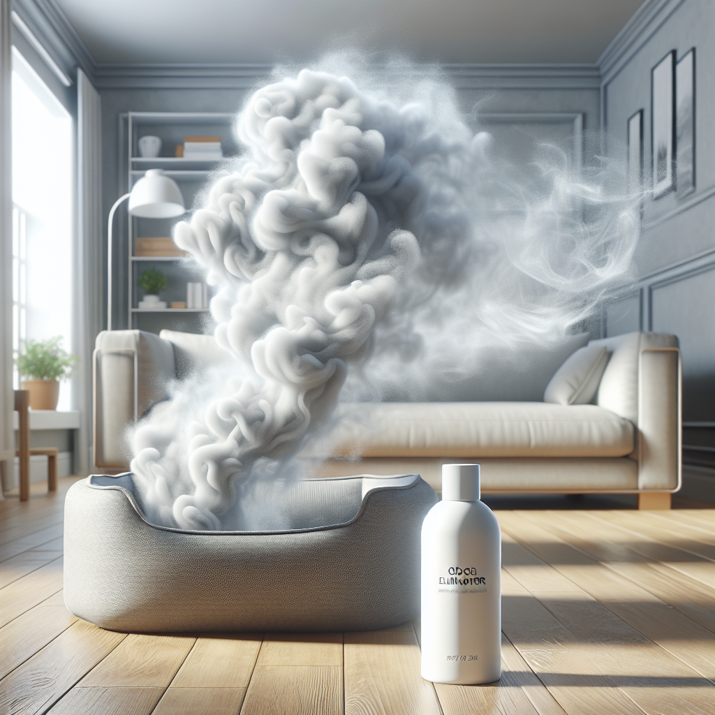 A vibrant, fresh living room where a subtle, swirling cloud of unpleasant odor (light grey, wispy) is visibly being repelled and disappearing from a pet bed. A sleek, minimalist product bottle is nearby, labeled 'Odor Eliminator' in a modern font. The room itself is bright and clean, with a feeling of renewed freshness. High detail, photorealistic.