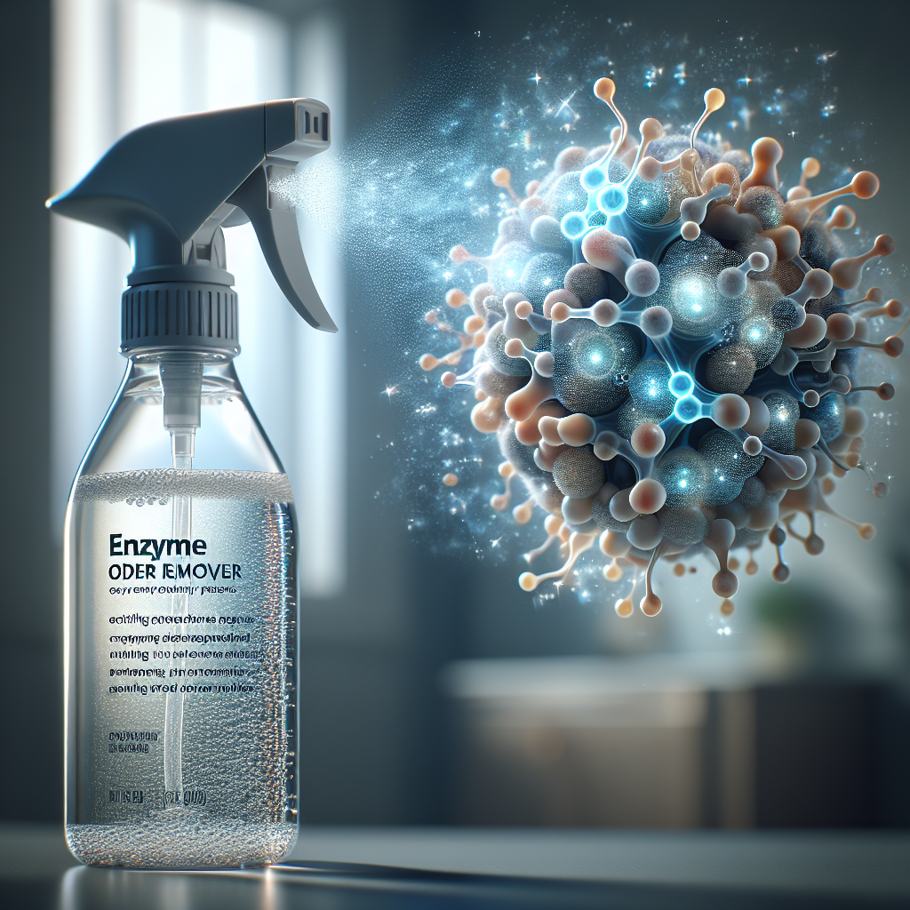 Photorealistic close-up of an enzyme odor remover spray bottle in action. The spray visually depicts tiny, glowing, abstract enzyme particles actively breaking down dark, wispy odor molecules, transforming them into sparkling, clean air. The background is a subtly blurred, fresh-smelling home interior, emphasizing scientific yet effective transformation.
