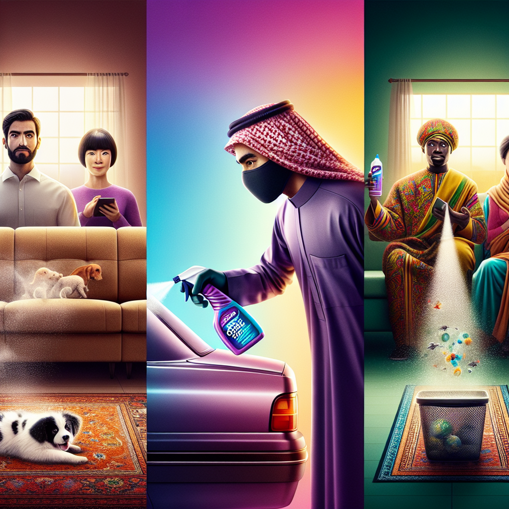 A vibrant, photorealistic triptych image. Each panel shows a different application of an enzyme odor remover: a hand spraying a pet stain on a living room carpet, a person spraying a car seat interior, and someone spraying a kitchen waste bin. Each scene is bathed in bright, fresh light, emphasizing the elimination of odors and a clean, renewed atmosphere. The spray bottle is visible and generic.