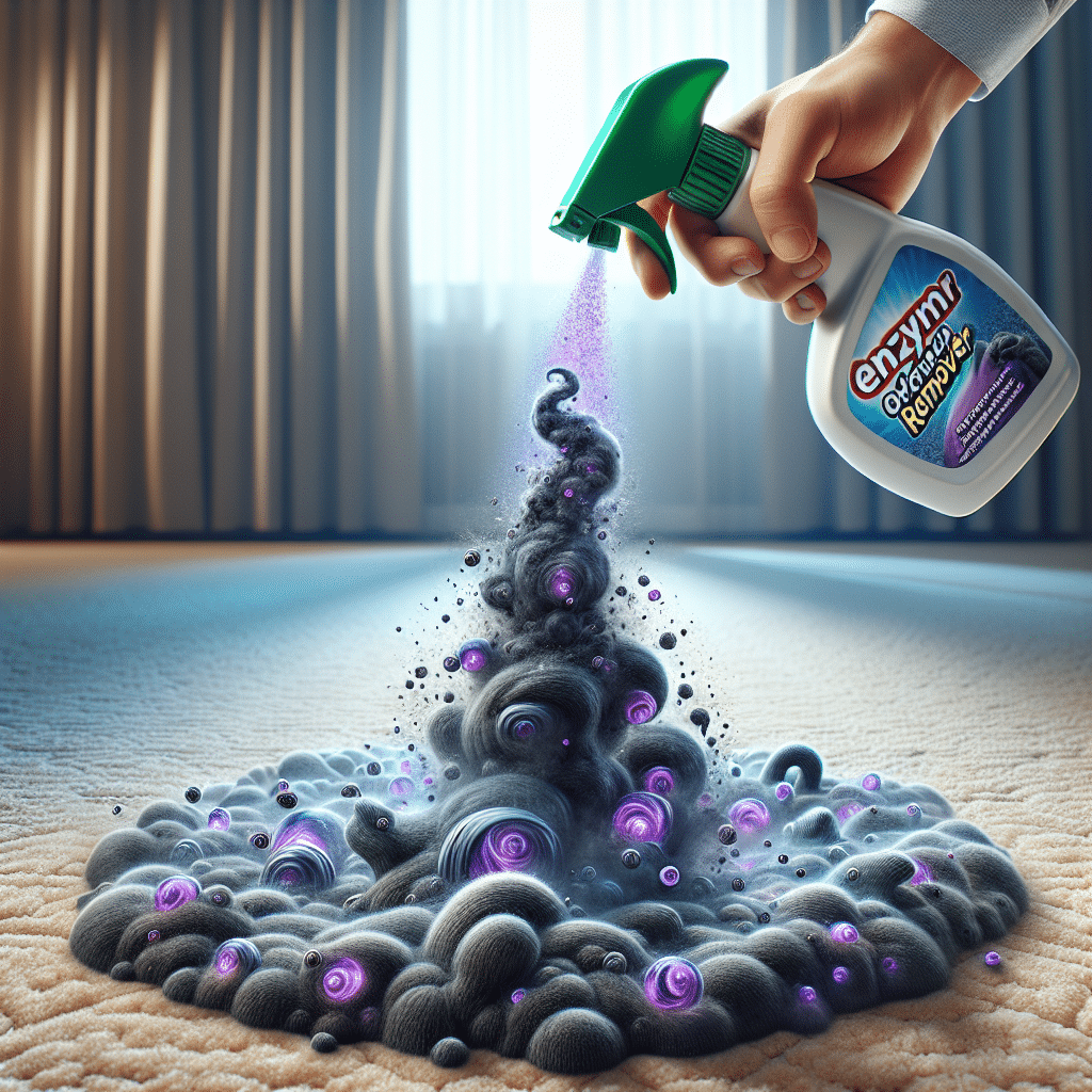 A close-up of a dark, unpleasant stain (like pet urine) on a light-colored carpet, with visible, swirling purple-grey odor particles rising from it. A hand holding a spray bottle labeled 'Enzyme Odor Remover' is aimed at the stain, and from the nozzle, tiny, energetic, glowing green enzyme-like particles are seen actively breaking down and dissolving the odor molecules and the stain itself, leaving a pristine, clean area behind. Macro shot, bright, clean background.