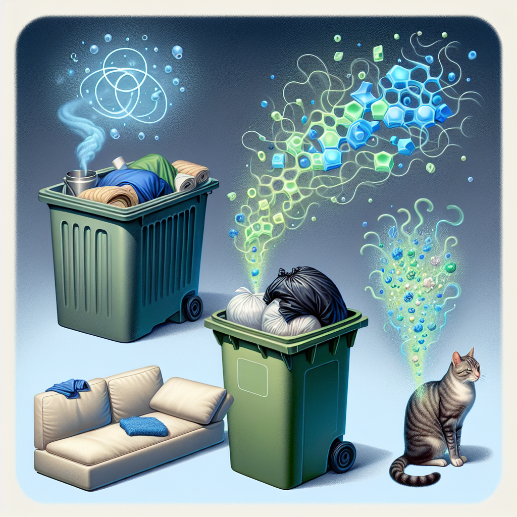 An artistic illustration depicting a collection of common odor sources: a full, slightly overflowing kitchen trash can, a pile of sweaty gym clothes, a cat litter box, and a small spill of milk on a couch cushion. Each item is surrounded by faint, dark 'odor clouds'. Overlaid and interacting with these odor clouds are numerous tiny, abstract, glowing blue and green enzyme shapes, actively 'eating away' and neutralizing the bad smells, transforming the scene into one of freshness and cleanliness. The overall image should convey effectiveness and molecular action. Clean, modern, illustrative style.