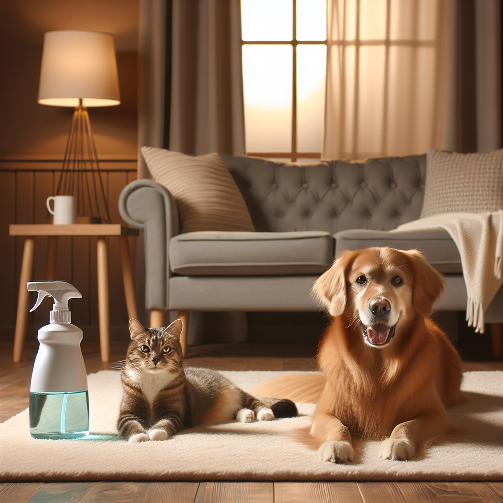 A cozy, sunlit living room with a happy golden retriever dog and a content tabby cat lounging on a clean rug. A bottle of pet enzyme cleaner stands subtly on a side table, symbolizing a fresh and odor-free home. The overall atmosphere is serene, clean, and inviting, showcasing the joy of pet ownership without the mess.