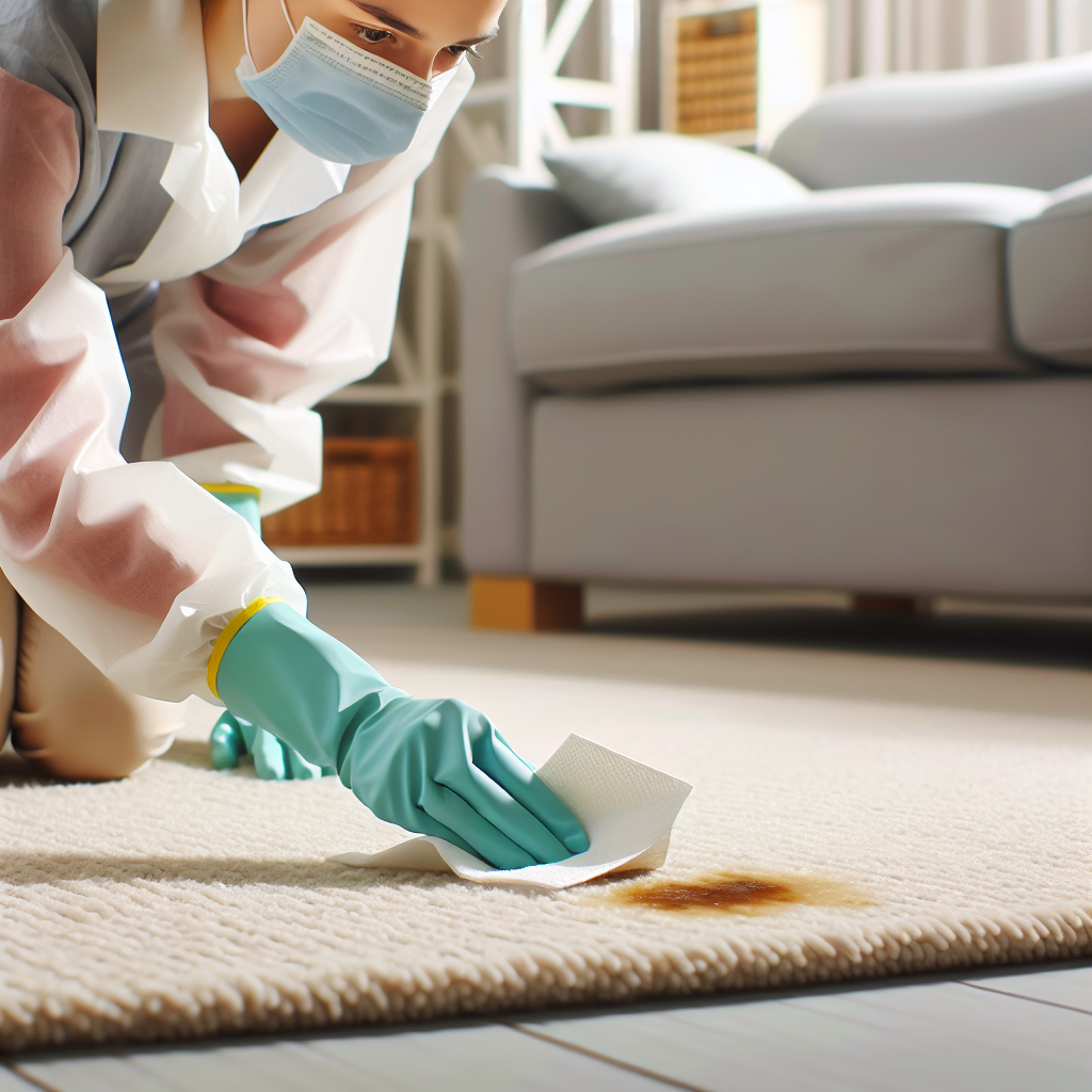 A person wearing protective gloves, carefully dabbing a small, dried vomit stain on a light-colored carpet with a paper towel. The scene emphasizes the initial, unpleasant task of quick clean-up, with a sense of hygiene and urgency. The background is slightly blurred, hinting at a home environment. Realistic, slightly muted colors.