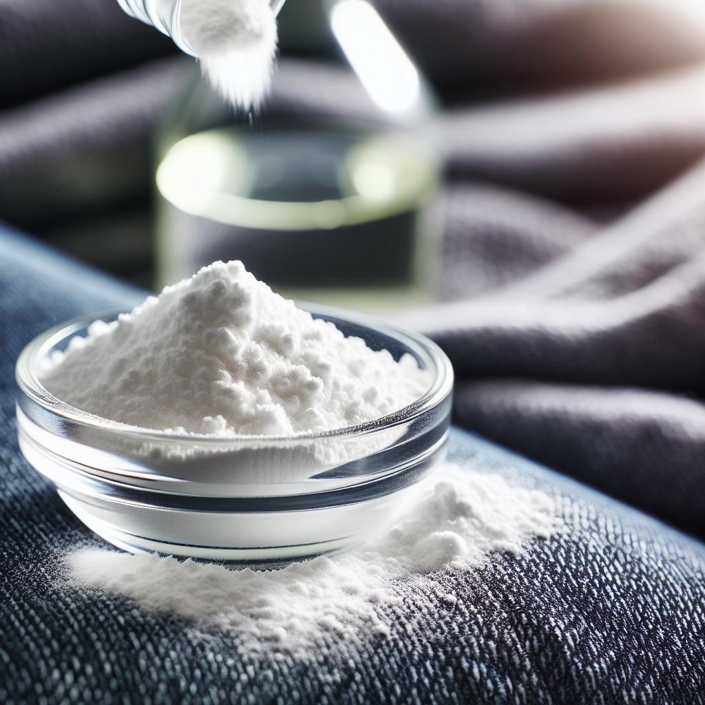 A close-up shot of white baking soda powder generously sprinkled over a dark fabric surface, like a sofa cushion or carpet. In the soft-focus background, a small glass bowl of white vinegar is visible, suggesting natural odor elimination. The lighting is bright and clean, highlighting the effectiveness of these household remedies.