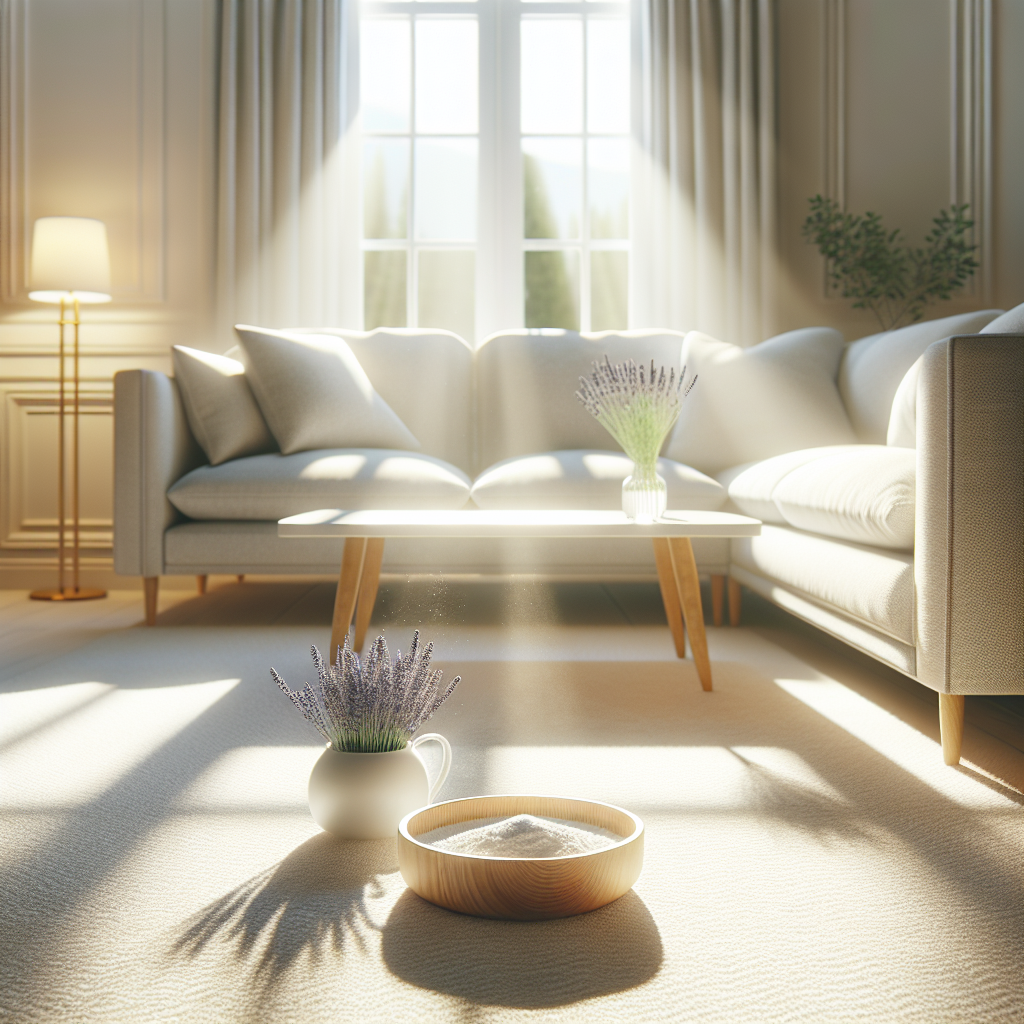 A clean, bright living room. Sunlight streams through a window, illuminating a pristine carpet and comfortable sofa. On a minimalist coffee table, a small, elegant bowl of baking soda and a fresh sprig of lavender are subtly placed, symbolizing natural odor neutralization and freshness. High detail, natural light, inviting atmosphere.