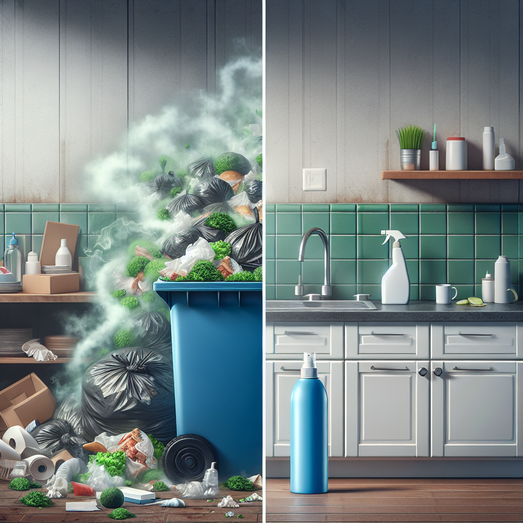 A split image showing 'before and after' of odor removal. On the left, a cluttered kitchen counter with a small, overflowing bin subtly emitting faint green, unpleasant odor wisps. On the right, the same counter is sparkling clean, with a modern, fresh-smelling spray bottle misting a gentle, clean blue vapor. The style is realistic and clean, highlighting contrast.