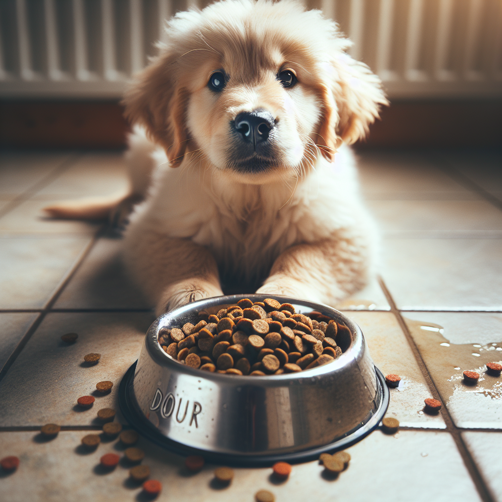 A candid, slightly messy scene featuring a cute, fluffy golden retriever puppy looking contentedly at its half-eaten kibble in a stainless steel bowl on a tiled floor. A few dry kibble crumbs are scattered around the bowl, and a small splash of water is visible. The lighting is soft and natural, emphasizing the warmth of a pet-filled home, hinting at the everyday reality of pet ownership. Focus on realism and an endearing, slightly lived-in feel.