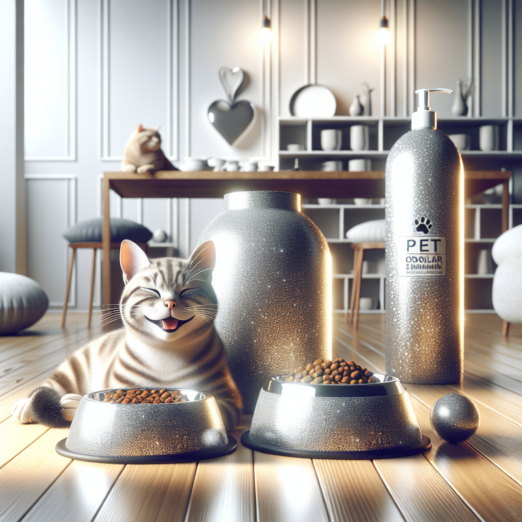 A bright, pristine pet feeding station on a clean wooden floor. Two sparkling clean ceramic food bowls (one for water, one for food) are perfectly placed. A happy, well-groomed tabby cat is calmly sitting next to the bowls. In the background, a sleek, modern spray bottle labeled 'Pet Odor Eliminator' is subtly visible on a shelf. The scene radiates freshness, cleanliness, and tranquility, with abundant natural light and a crisp, airy atmosphere. Emphasis on hygiene and a pleasant pet environment.