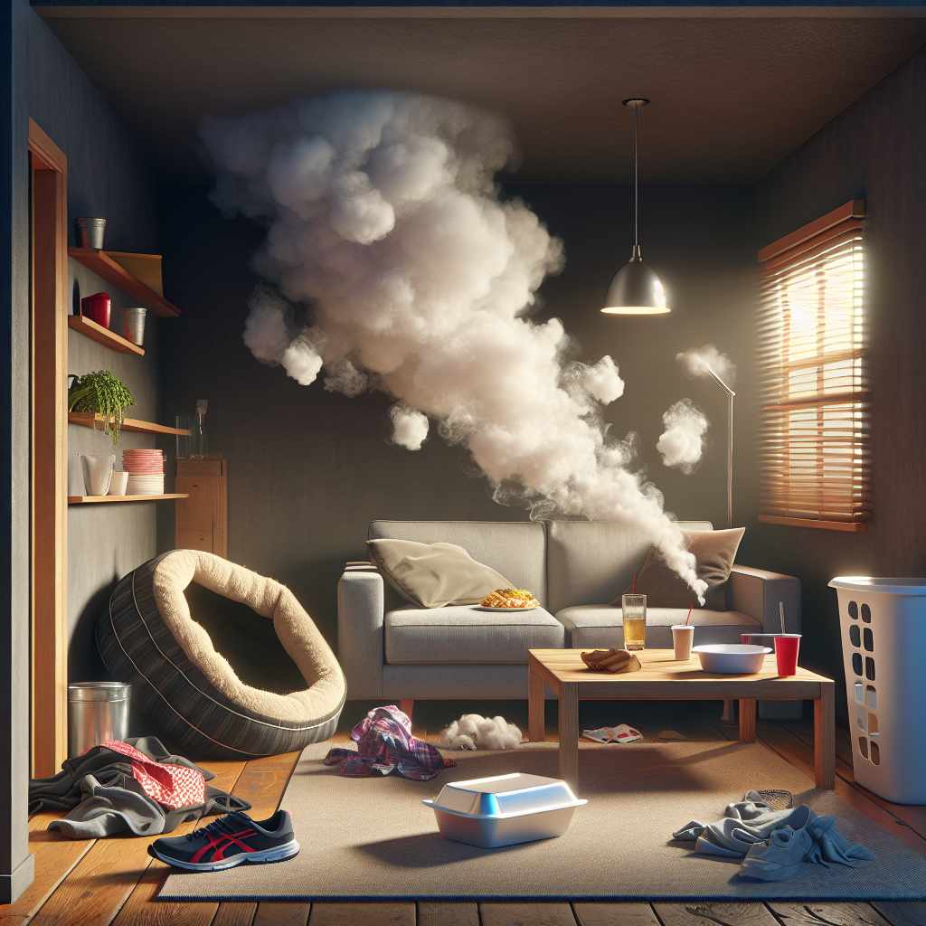 A cozy, slightly cluttered living room with subtle visual cues of multiple unpleasant odors. A dog bed in the corner with a faint, cartoon-like 'stink cloud' rising, a forgotten takeout box on a coffee table, and a pile of sportswear near a laundry basket suggesting stale textiles. The lighting is somewhat dim, emphasizing a stale atmosphere. Photorealistic.