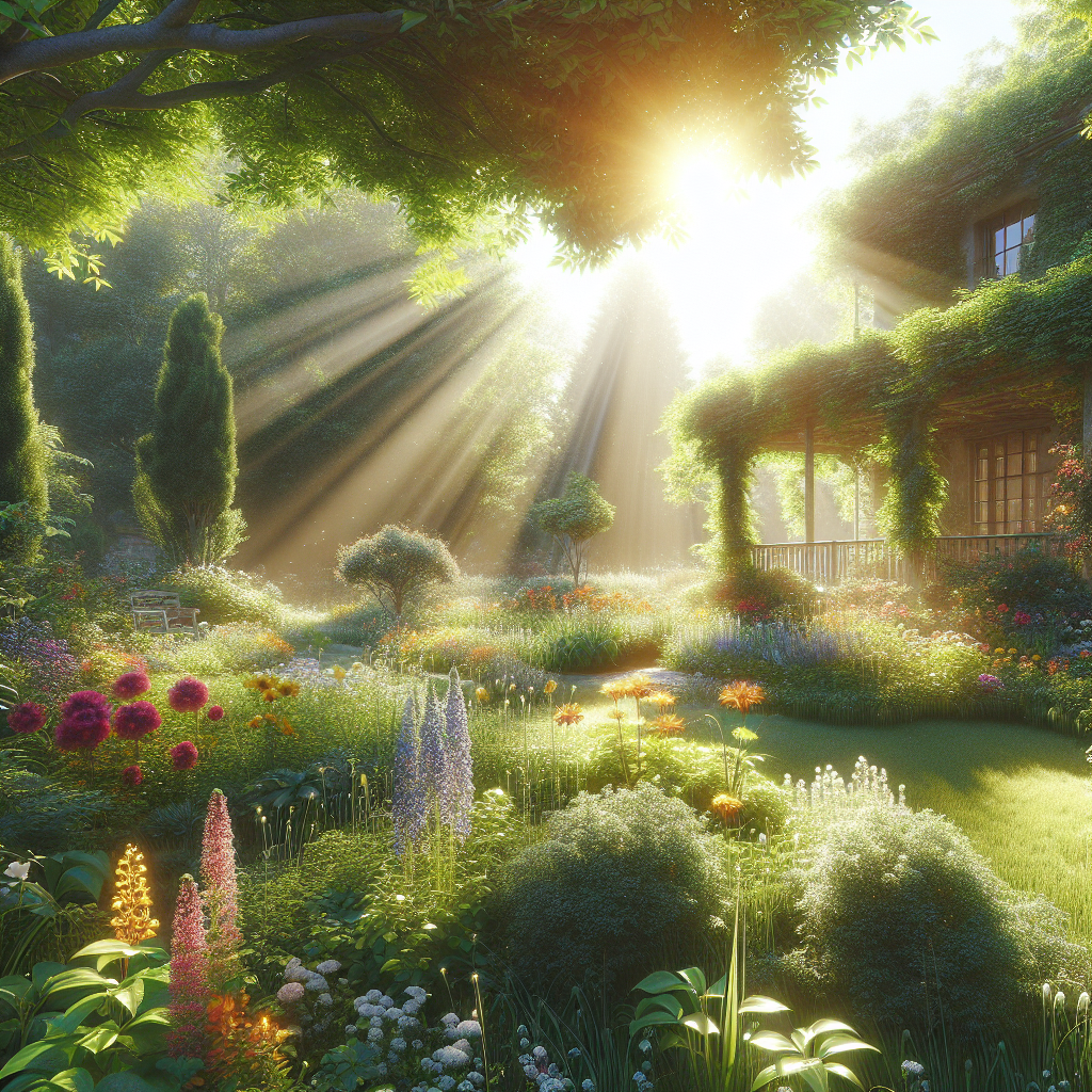 A sun-drenched, immaculate garden scene with vibrant green plants and colorful flowers. The air shimmers with an undeniable sense of pure freshness and cleanliness, visually represented by gentle, flowing light particles or clear, crisp atmosphere. No signs of any unpleasant odors, only an inviting, invigorating feeling of a perfectly clean outdoor space. Realistic photography style, warm lighting.