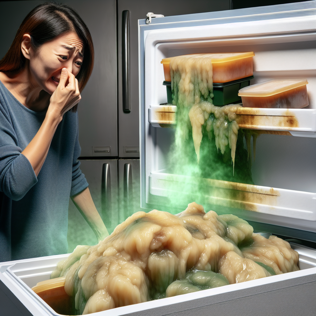 An open freezer with a visible cloud of unpleasant, brownish-green odor billowing out. A person is recoiling slightly, holding their nose, with a disgusted expression. Inside the freezer, some vaguely defined, forgotten food items in poorly sealed containers are visible. The image should convey a strong sense of foul smell and an urgent need for cleaning. Realistic photo, dramatic lighting, high contrast.